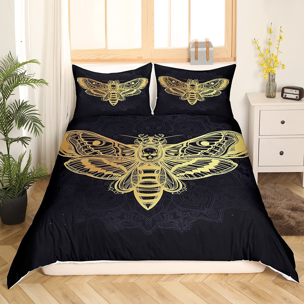 Price:$25.99 Duvet Cover Set, Gothic Skull Bedding Set King Size for Kids Boys Man Adults Decorative Golden Black Comforter Cover with 2 Pillowcases, Boho Mandala Floral Bedspread Cover Zipper Soft : Home & Kitchen
