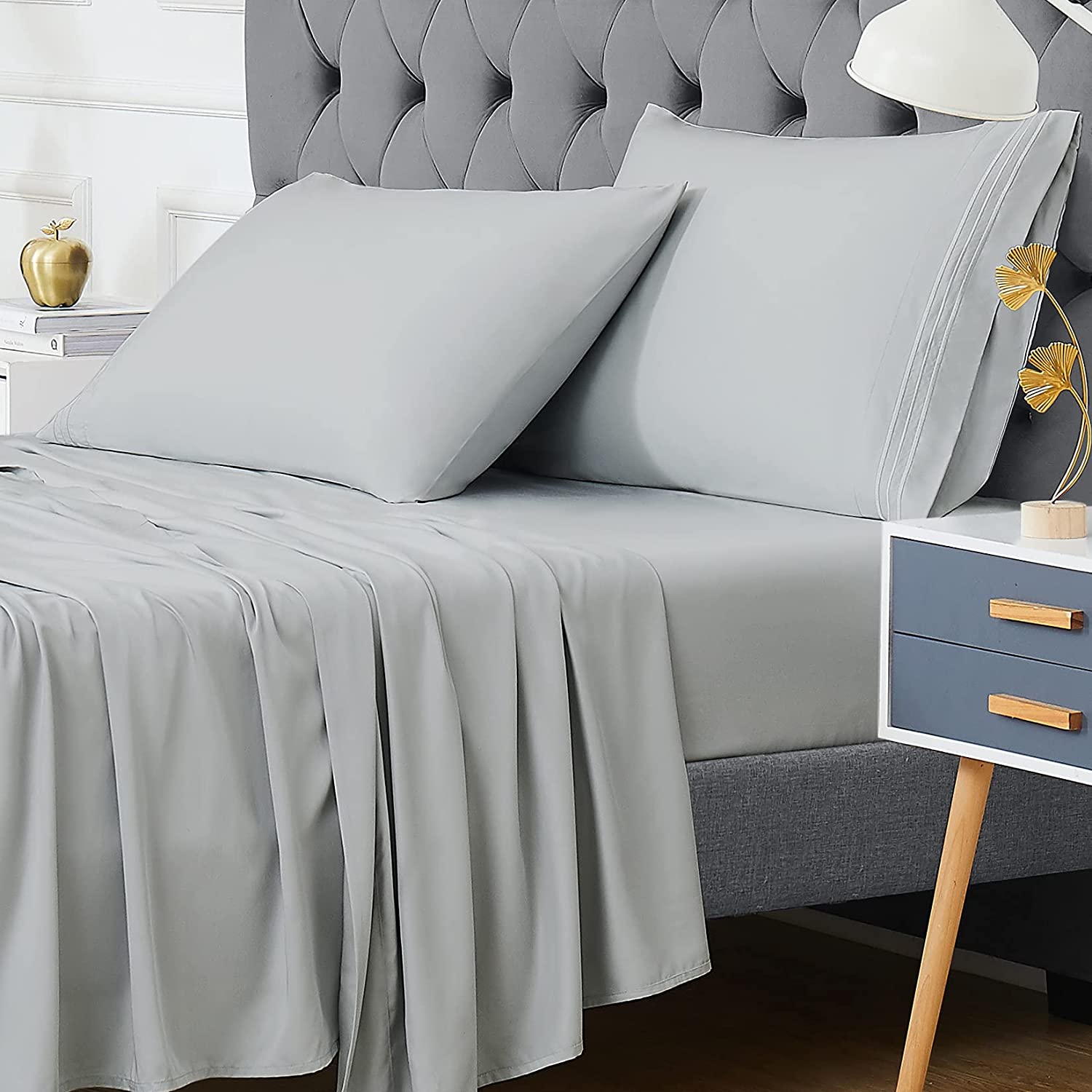 Price:$59.99 Bamboo Queen Size Sheets Set, 100% Bamboo Cooling Bed Sheets Deep Pocket, Silky Soft and Breathable, 4 Piece 1 Fitted Sheet with 16 Inches, 1 Flat Sheet, 2 Pillowcases (Light Grey, Queen) : Home & Kitchen