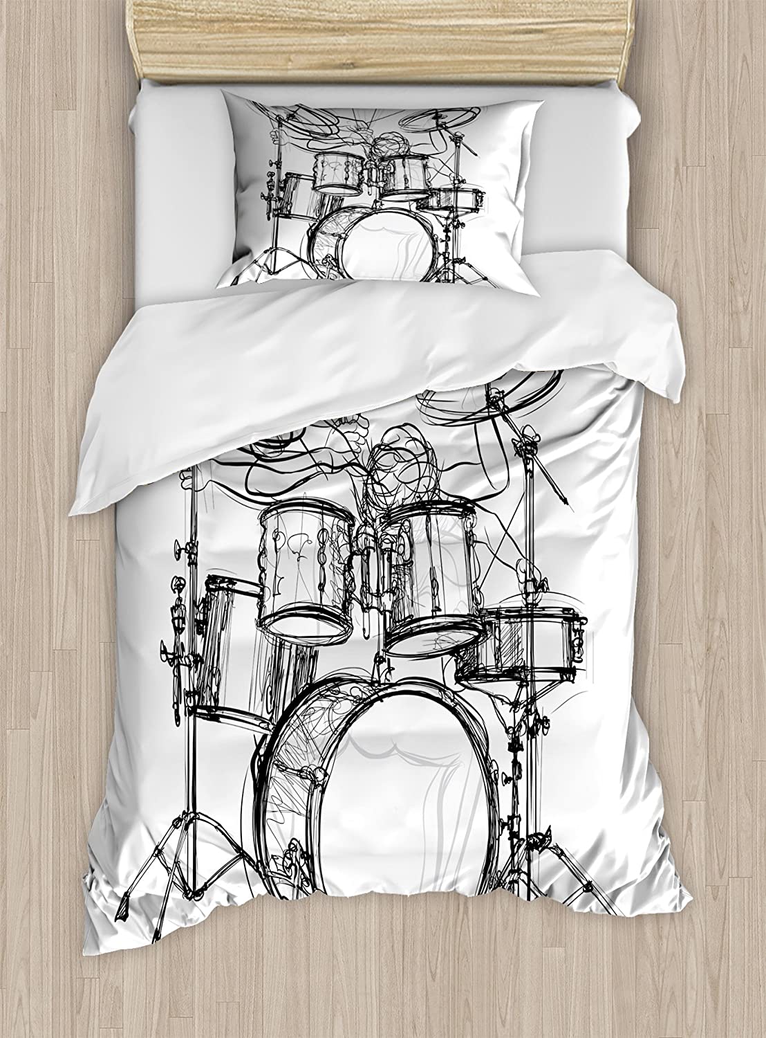 Price:$59.95 Rock Music Duvet Cover Set, Doodle Drawing Sketch Style Drummer Musical Inspirations Monochrome Arrangement, Decorative 2 Piece Bedding Set with 1 Pillow Sham, Twin Size, White Black : Home & Kitchen