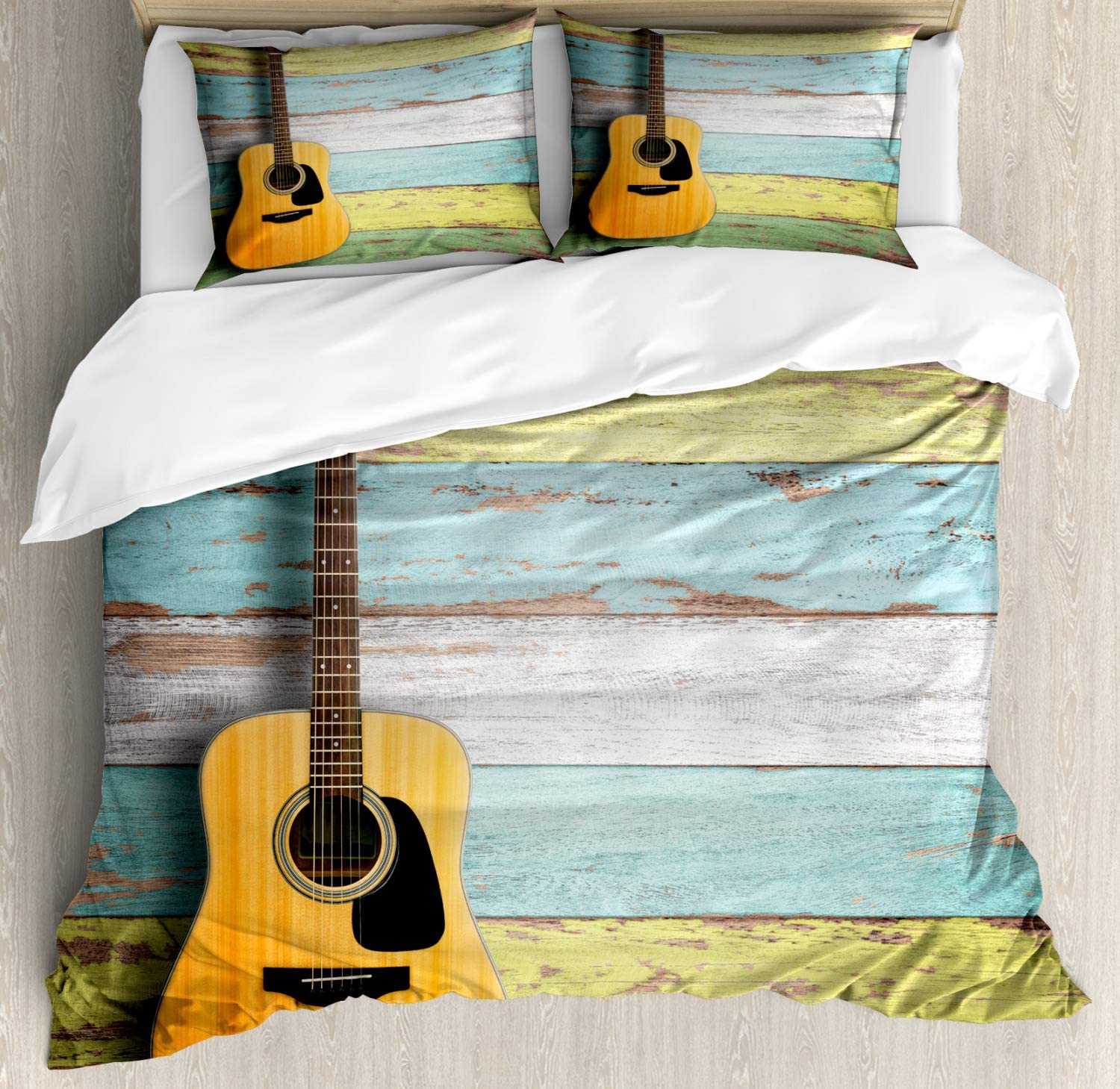 Price:$49.96 Music Duvet Cover Set, Acoustic Guitar on Colorful Painted Aged Wooden Planks Rustic Country Design Print, Decorative 3 Piece Bedding Set with 2 Pillow Shams, King Size, Yellow Green : Home & Kitchen