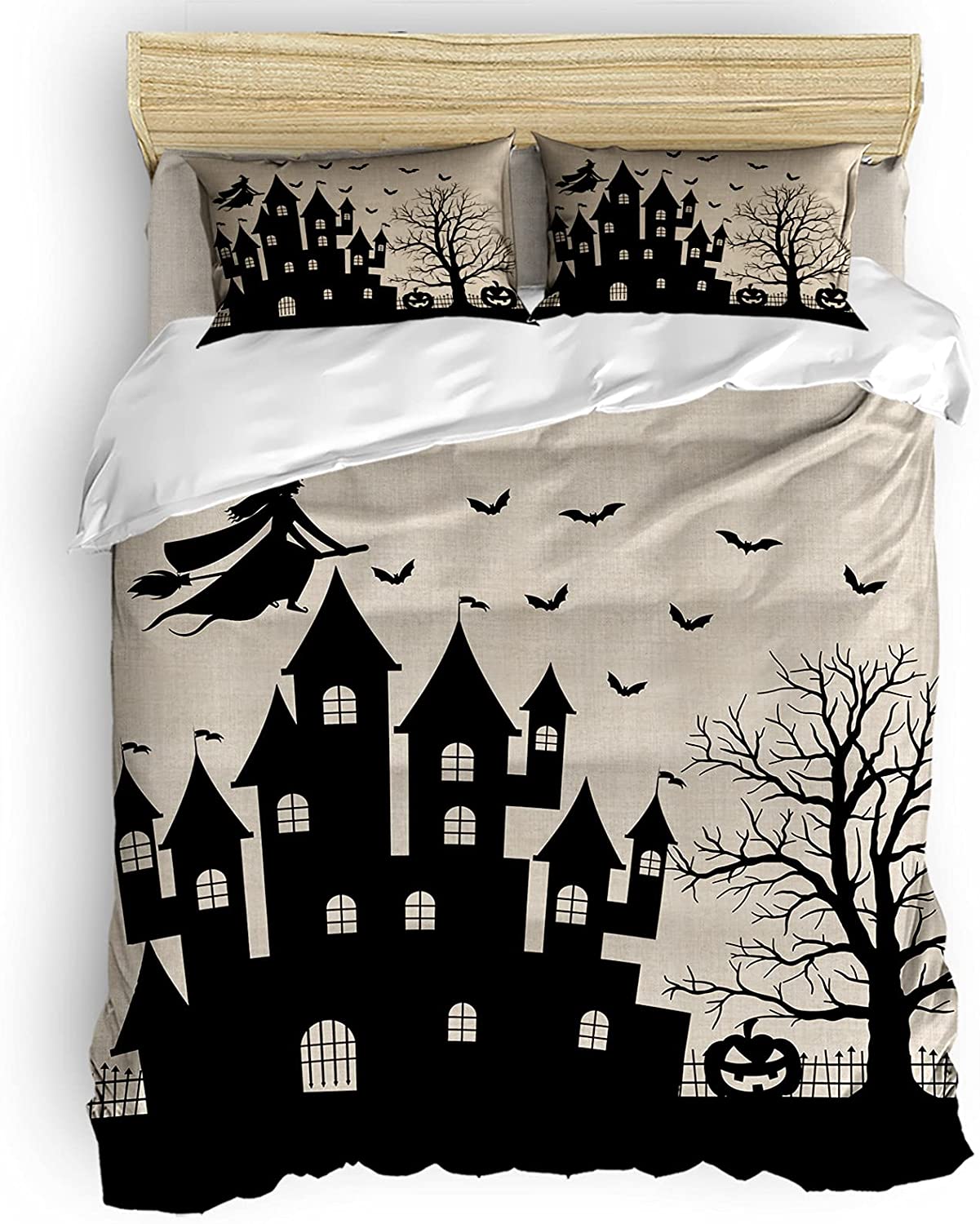 Price:$89.99 4 Pieces Bedding Set, Polyester Microfiber Duvet Cover with Corner Ties, Soft Breathable Durable Bed Comforter Covers Queen Size, Castle Pumpkin Witch Silhouette Black : Home & Kitchen