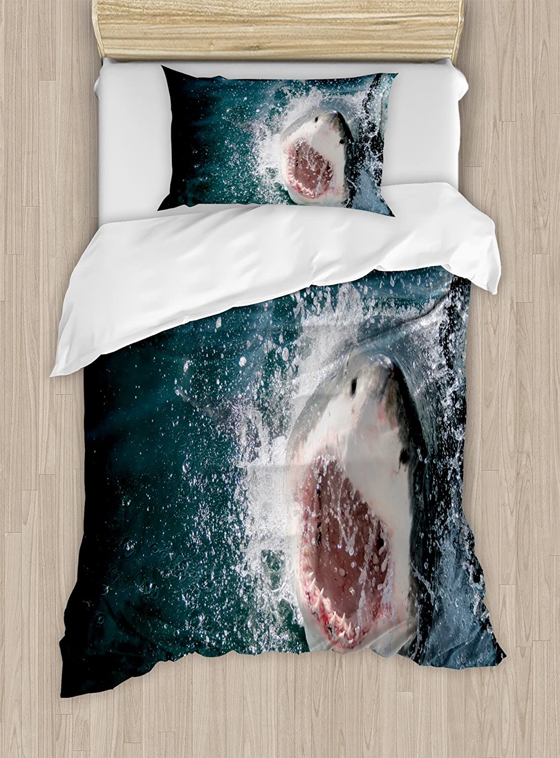 Price:$35.98 Shark Duvet Cover Set, Wild Animal in The Sea Attacking Showing The Mouth and Teeth Scary Print, Decorative 2 Piece Bedding Set with 1 Pillow Sham, Twin Size, Petrol Blue : Home & Kitchen