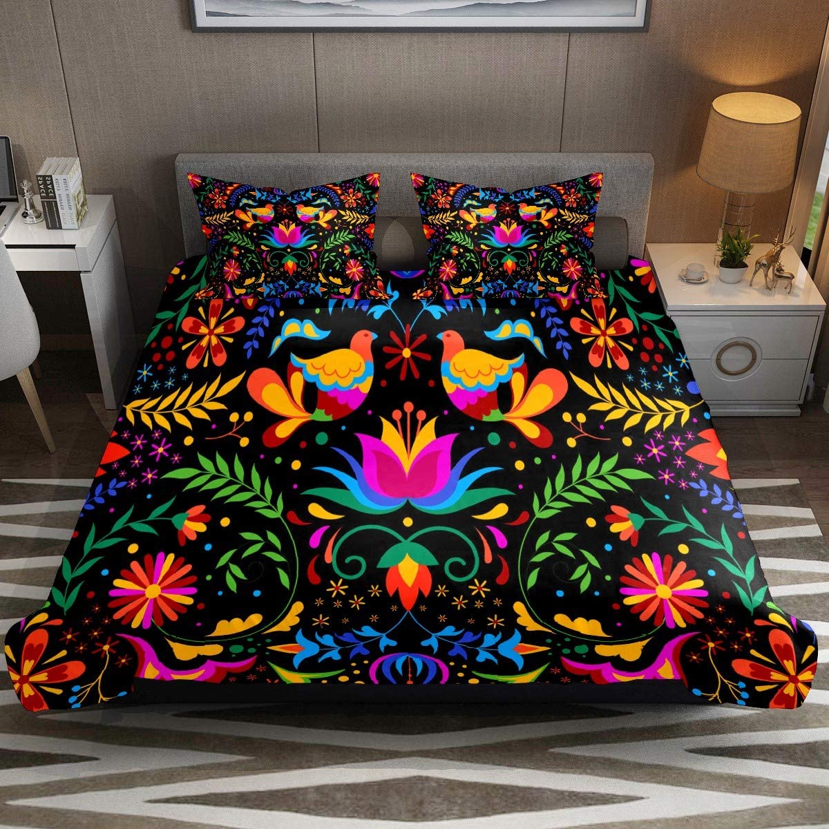 Price:$59.99 Mexican Embroidery Birds 3-Piece Bedding Set Art Design Print Decorative Comfortable Soft Quilt Cover Bedding Set with 2 Pillows（Twin 55''79''） : Home & Kitchen