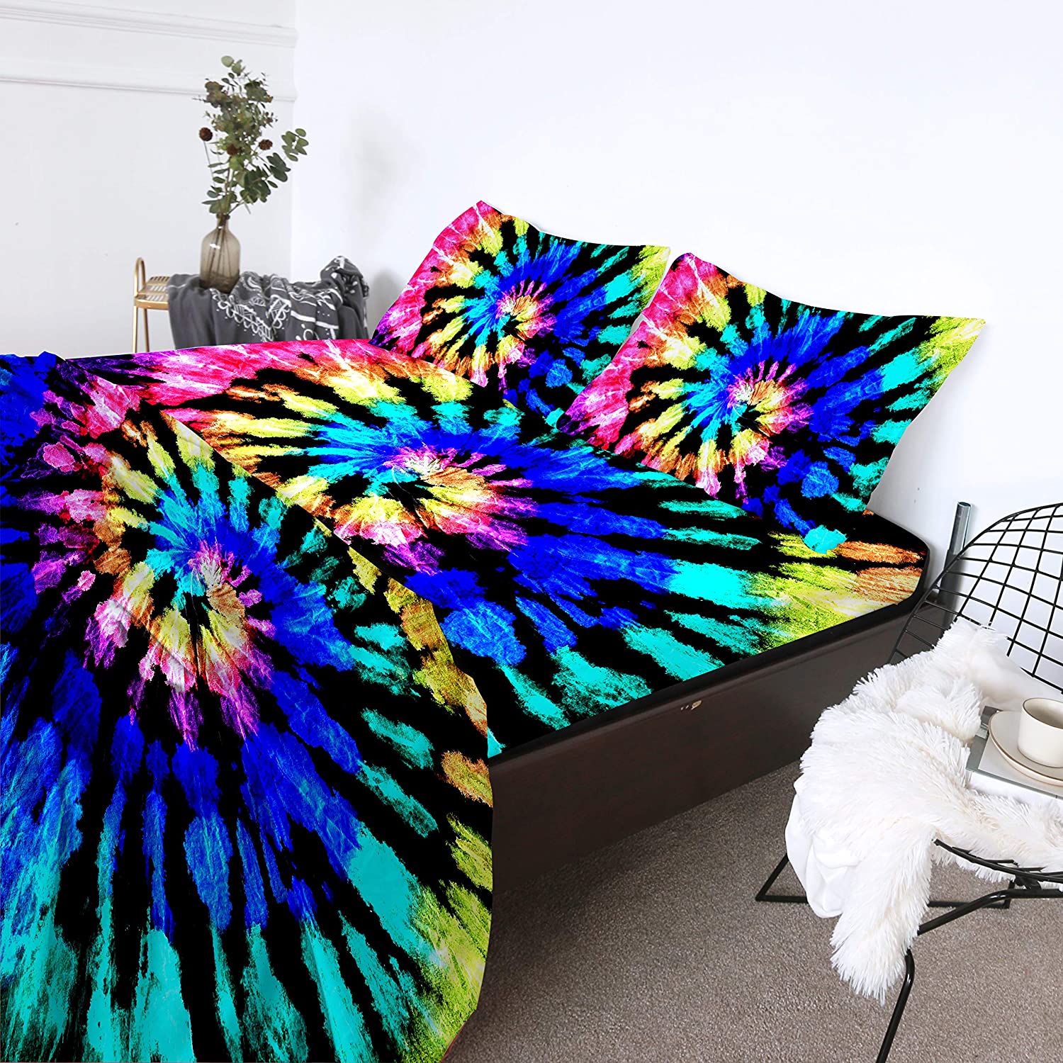 Price:$49.90 Bed Sheet Set Boho Tie Dye Print 4 Piece Queen Bedding Blue Bohemian Gypsy Design Ultra Soft Luxurious Set Includes Flat Sheet, Fitted Sheet and 2 Pillowcases : Home & Kitchen