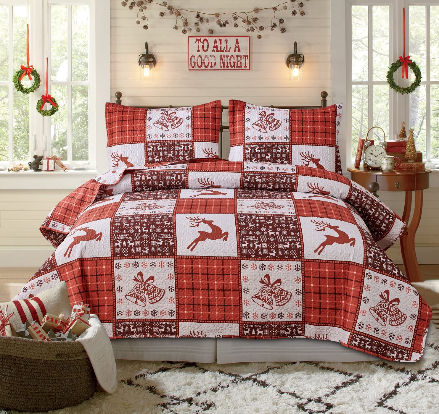 Price:$28.99 Quilt Set Queen Size Home Holiday Bedding Red Black Plaid Bedspread Coverlet Reversible Patchwork Quilt Bedding Ligtweight Bed Set Red Elk Moose Bells Quilts : Home & Kitchen