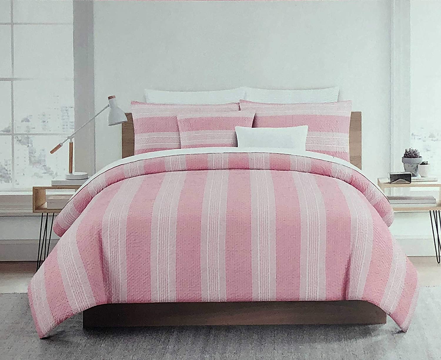 Price:$74.99 Texture Collection 3pc Duvet Cover Set Vertical Stripes Shades of Light and Medium Pink with Vintage Farmhouse Style Ruched Bubble Texture (Full / Queen) : Home & Kitchen