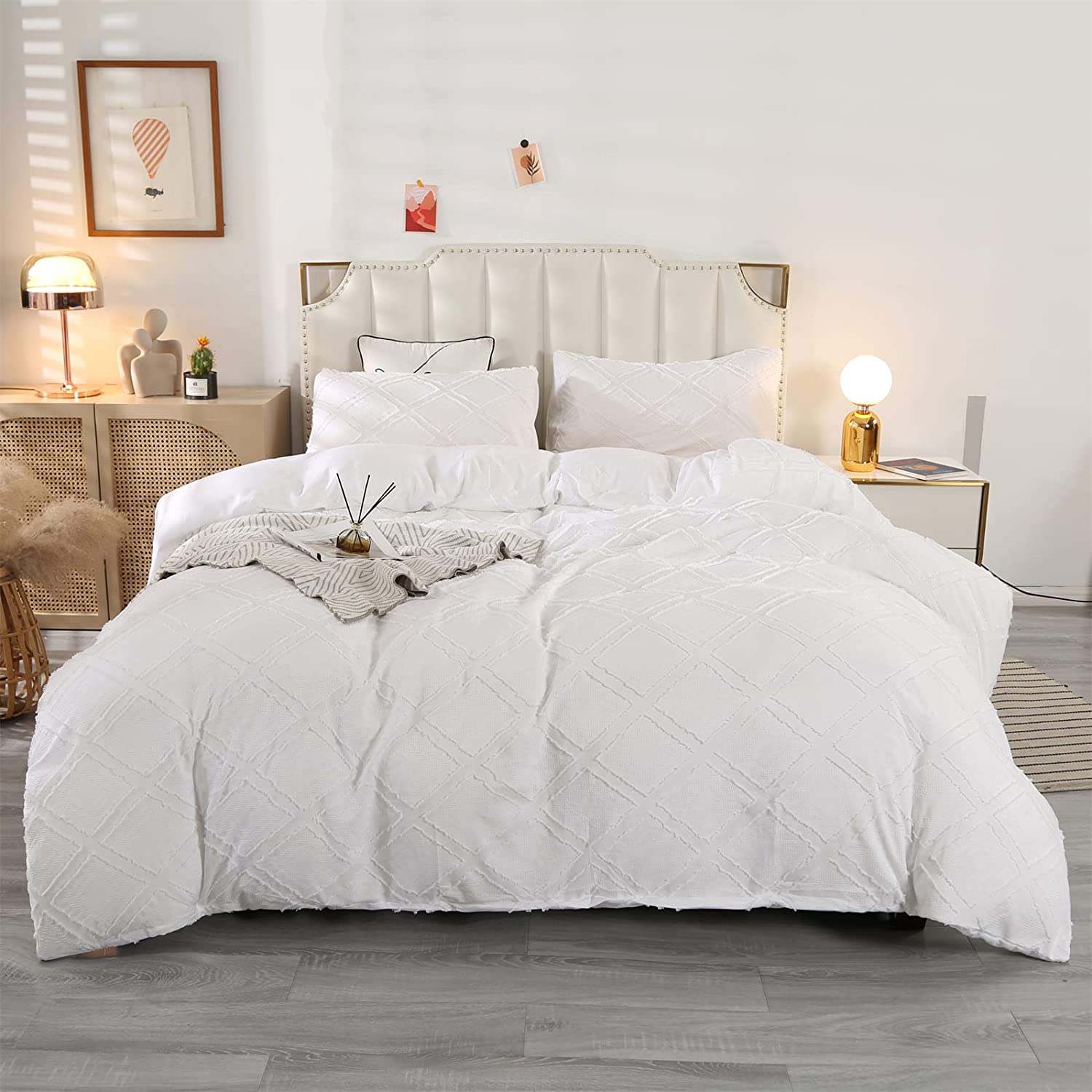Price:$37.99 3-Piece Ultra Soft Embroidery Shabby Chic Duvet Cover Set, Breathable Washed Cotton Tufted Home Bedding Set King Size, Boho Comforter Cover Set for All Seasons Includes 2 Pillow Shams, White : Home & Kitchen
