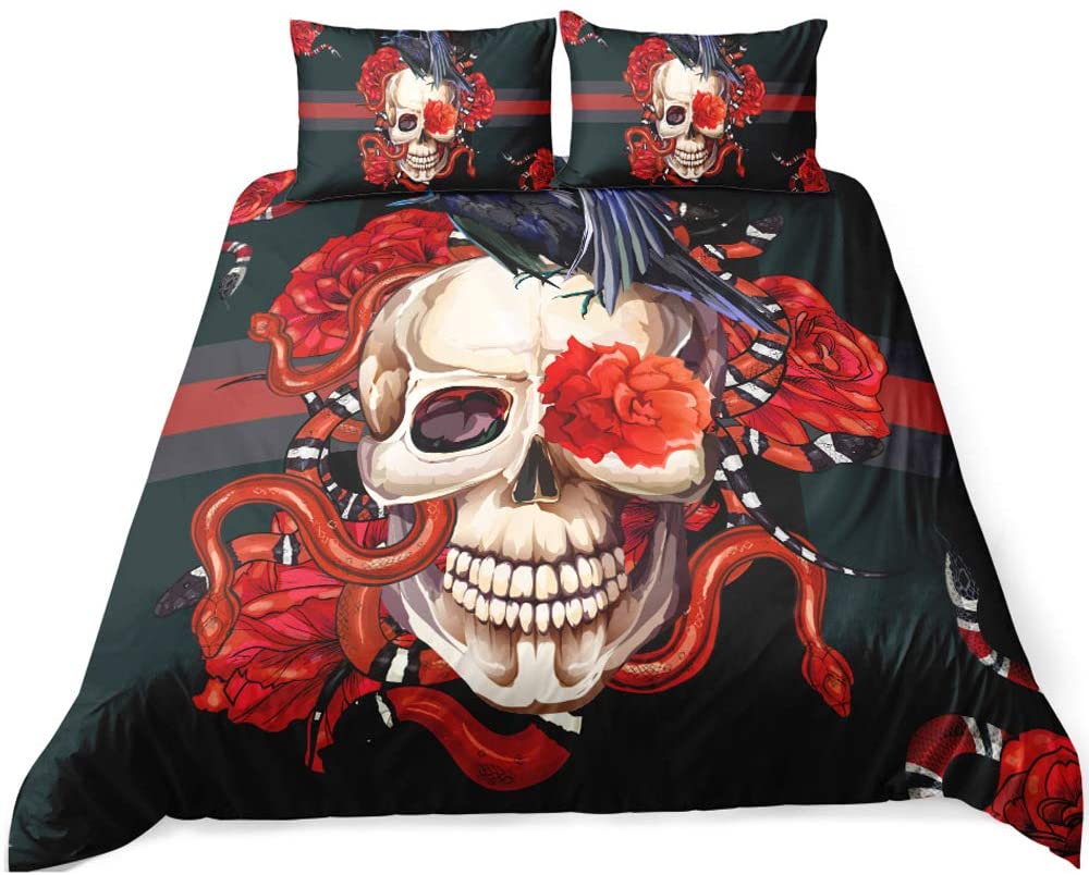 Price:$39.99 A & S Red Rose Skull Bedding Set King Size Skeleton Bones Print Duvet Cover Gothic Microfiber Comforter Cover Gorgeous Roses Flowers Quilt Cover with 2 Pillow Shams, Zipper Red Black : Home & Kitchen