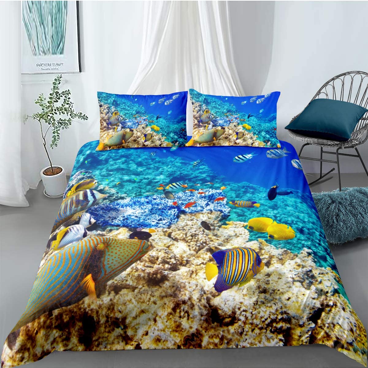 Price:$29.99 Marine Life Duvet Cover Blue for Kids Underwater World Fish Bedding Set with Zipper, Ocean Sea Animal Theme Printed Comforter Cover Soft Microfiber Quilt Cover,Full : Home & Kitchen