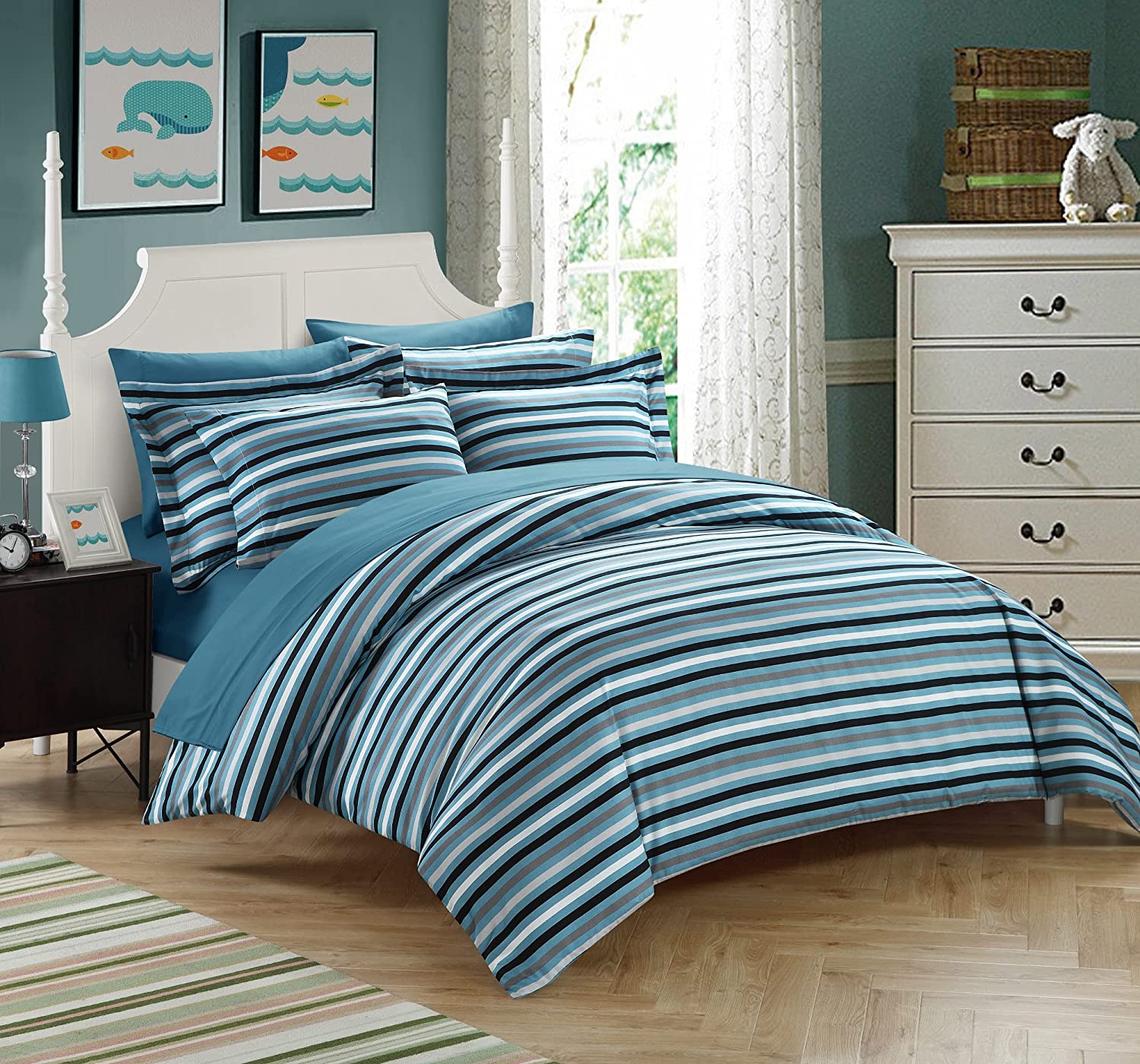 Price:$39.05 Home 3 Piece Alyssa Striped Printed Reversible Duvet Cover Set, King, Blue : Home & Kitchen