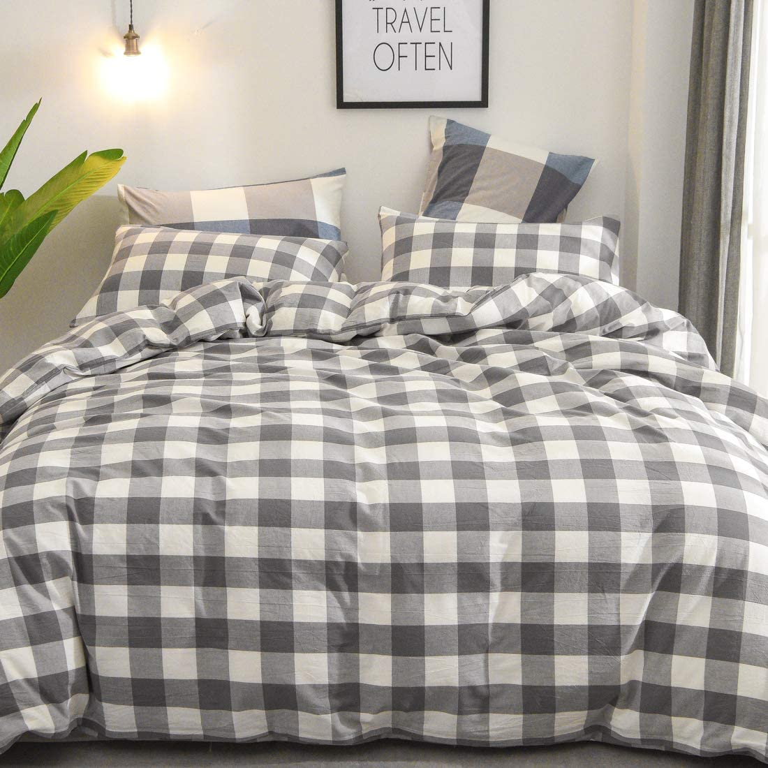 Price:$39.99 3 Pieces Washed Cotton Duvet Cover Set Queen Size, Modern Check Pattern 100% Cotton Bedding with Zipper Closure Bedding Set Queen Size Duvet Cover 90"x90" : Home & Kitchen