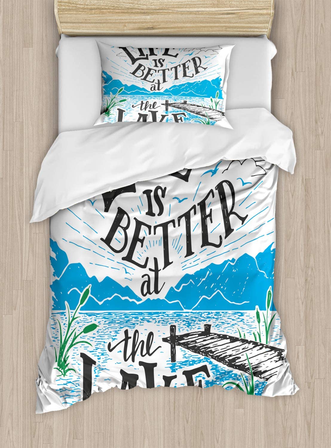 Price:$59.95 Cabin Duvet Cover Set, Life is Better at The Lake Wooden Pier Plants Mountains Sketch Art, Decorative 2 Piece Bedding Set with 1 Pillow Sham, Twin Size, Charcoal Grey : Home & Kitchen