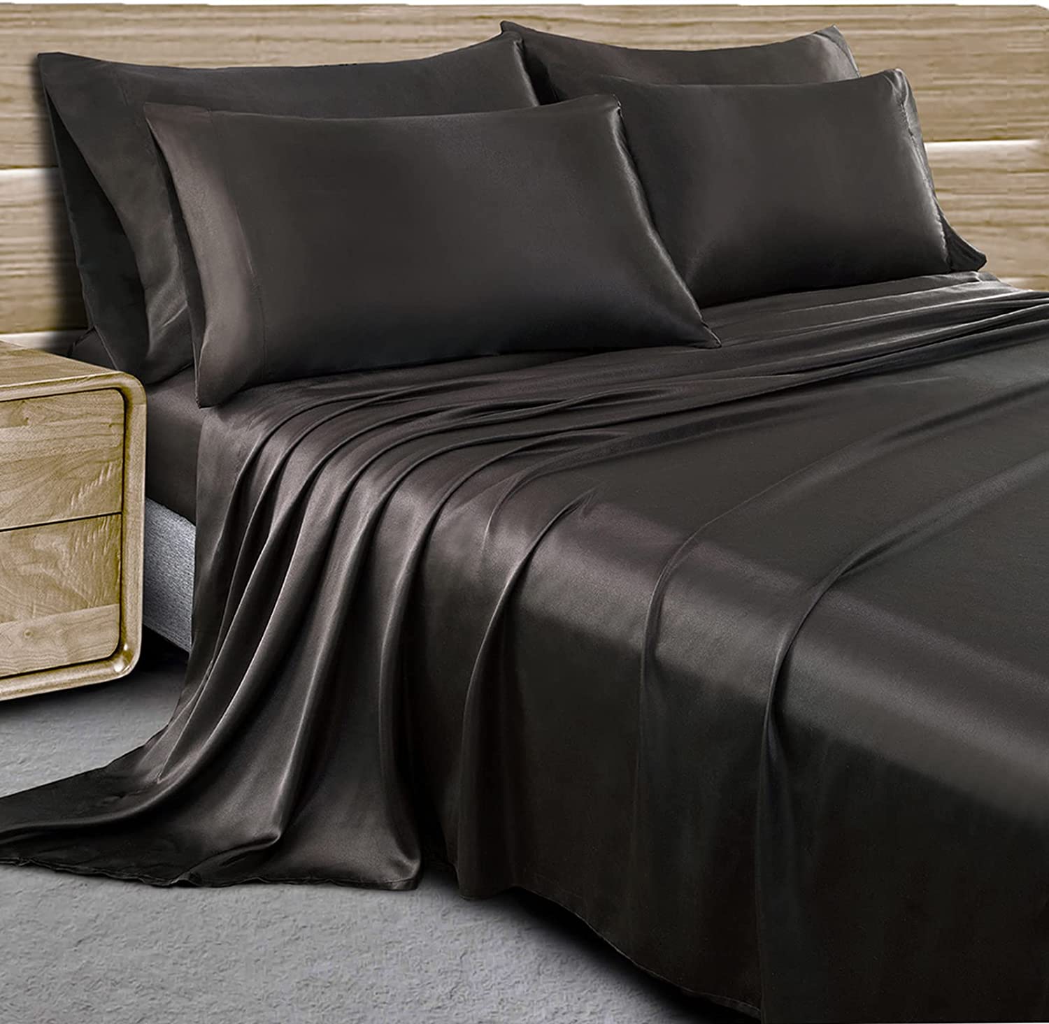 Price:$31.99 6-Piece Full Satin Sheets Luxury Silky Black Satin Bedding Sheet Set, 1 Deep Pocket Fitted Sheet + 1 Flat Sheet + 4 Pillow Cases : Everything Else