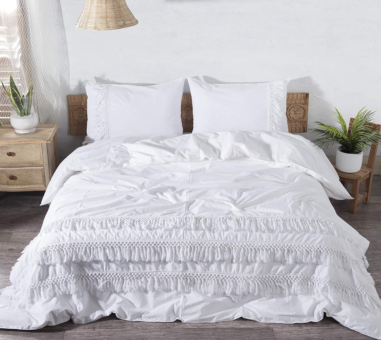 Price:$59.99 Cotton Bedding Set of 3, Queen Size, Bohemian Duvet Cover Set with Zip Closure | 200 TC, Ultra Soft Down Comforter Covers | 1 Duvet Cover + 2 Pillow Covers | White Coverlet with Tassle Design : Home & Kitchen