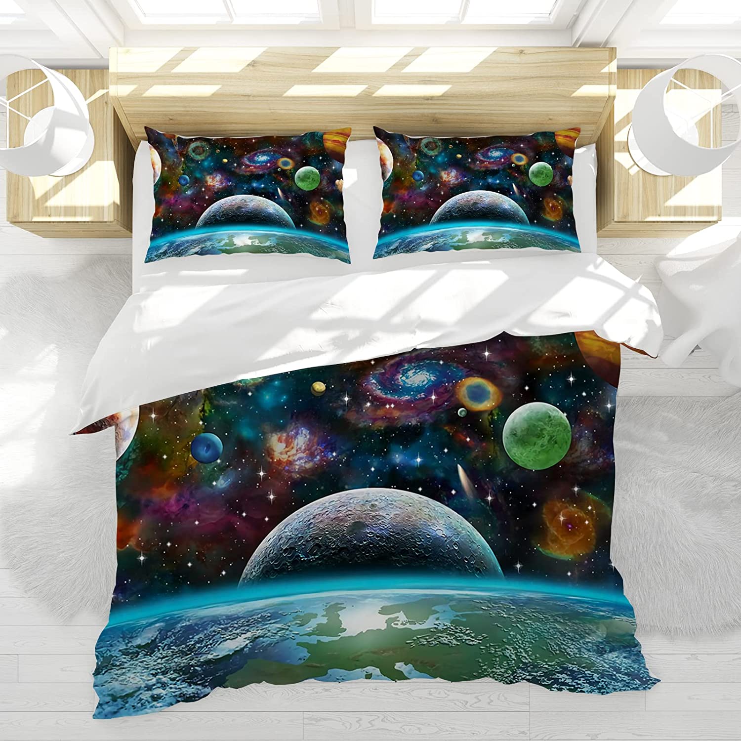 Price:$36.99 Galaxy Planet Duvet Cover Set Microfiber Outer Space Bedding Set Soft Quilt Cover Set Queen Size with 2 Pillowcase : Home & Kitchen
