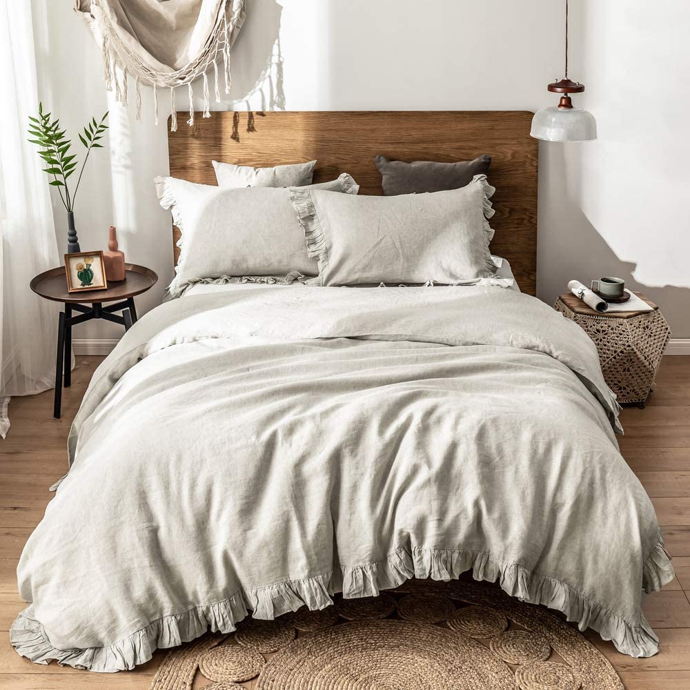 Price:$292.99 100% Linen Duvet Cover Set with Washed-Belgian Flax-3 Pieces Solid Color Shabby Chic Ruffled Style Bedding Set King Size White+1 Piece Mulberry Silk Comforter : Home & Kitchen