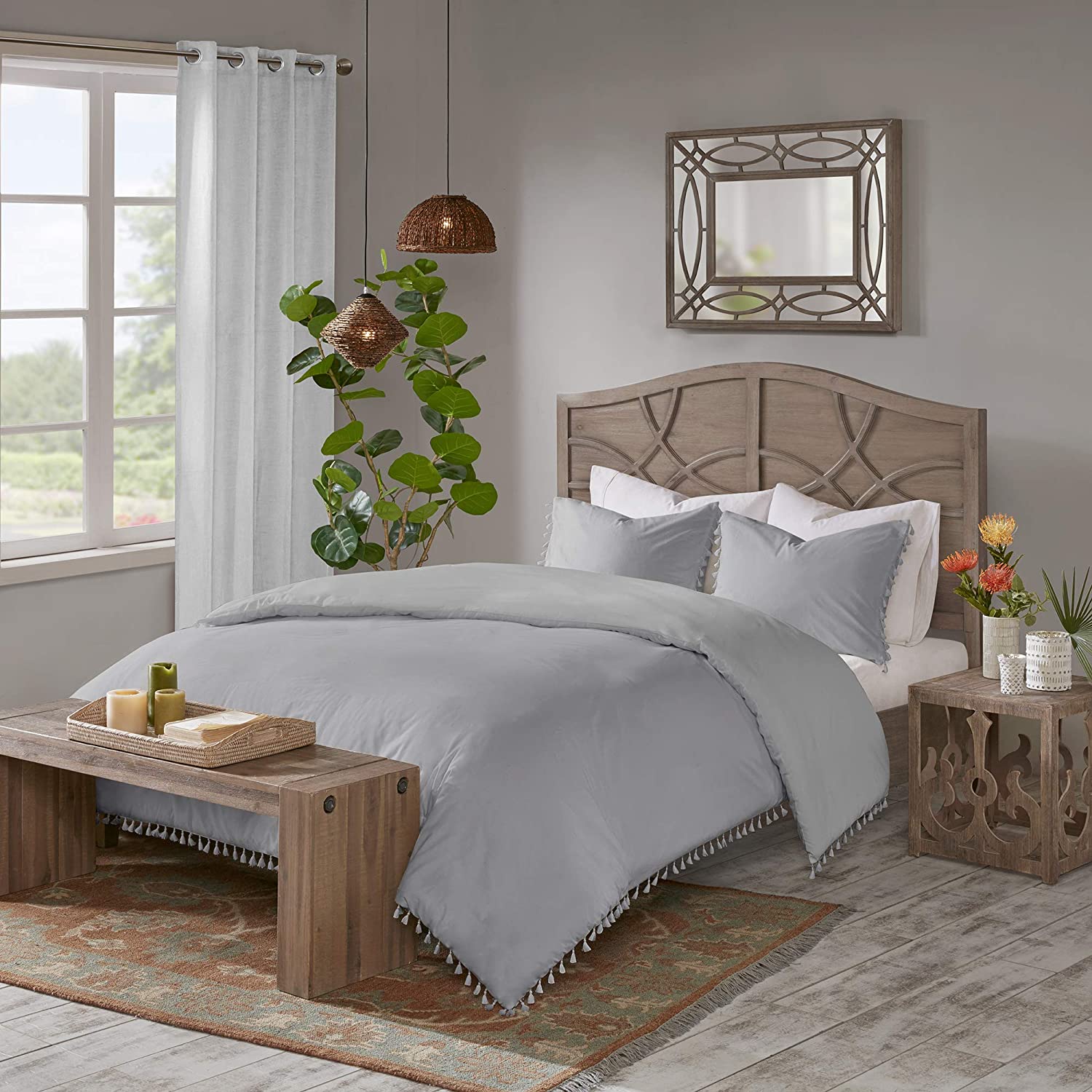 Price:$97.19 Park Lillian 100% Cotton Duvet, Bohemian Fringe Tassel Trim Border Shabby Chic All Season Comforter Cover Bed Set with Matching Shams, King/Cal King(104"x92"), Grey 3 Piece : Home & Kitchen