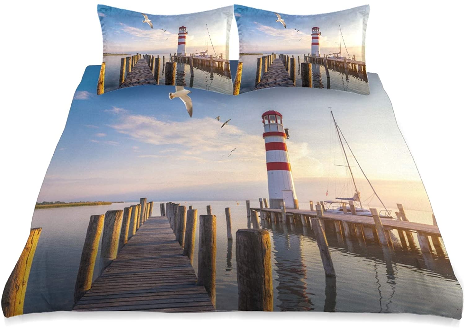 Price:$81.99 3 Piece Bed Sheet Set Duvet Cover Ocean Lighthouse Blue Sky 100% Microfiber Bed Sheets Skin-Friendly Breathable Bedding King Size Bed Sheet 90x104 Inch : Home & Kitchen