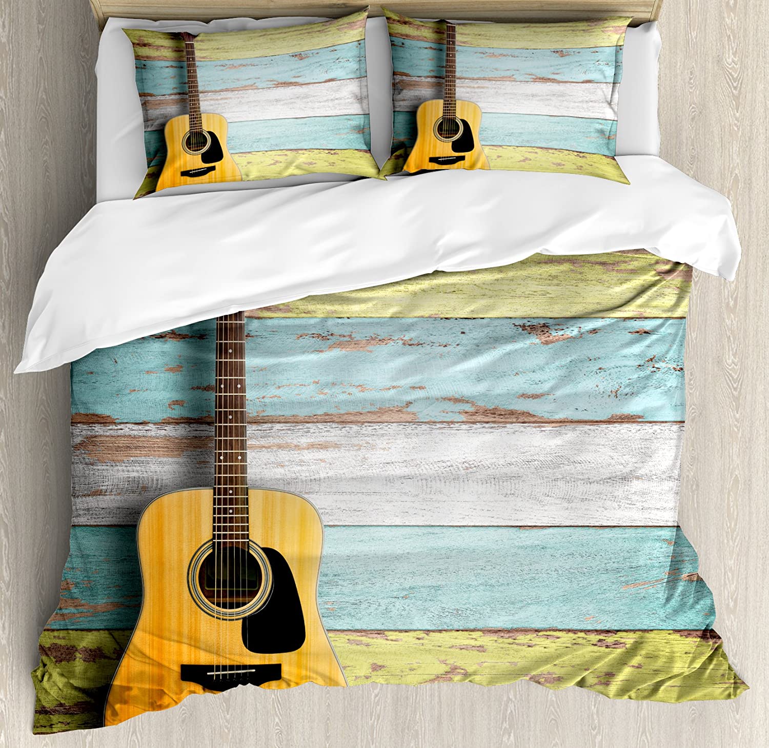 Price:$79.95 Music Duvet Cover Set, Acoustic Guitar on Colorful Painted Aged Wooden Planks Rustic Country Design Print, Decorative 3 Piece Bedding Set with 2 Pillow Shams, Queen Size, Yellow Green : Home & Kitchen