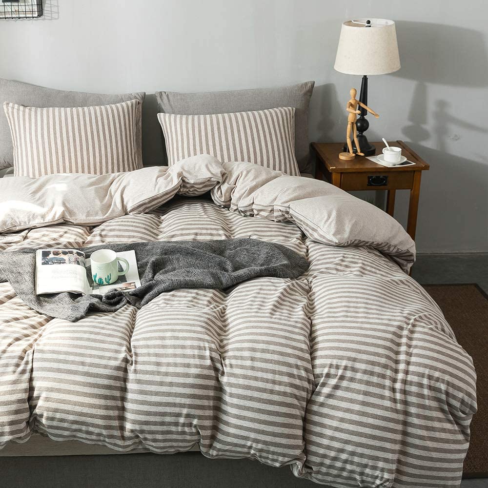 Price:$30.99 Jersey Knit Cotton Striped Duvet Cover Queen Size, Brown Beige Striped 3 Pieces Set (1 Duvet Cover + 2 Pillowcases), Super Soft and Easy Care ( Full/Queen, Brown & Beige Striped ) : Home & Kitchen