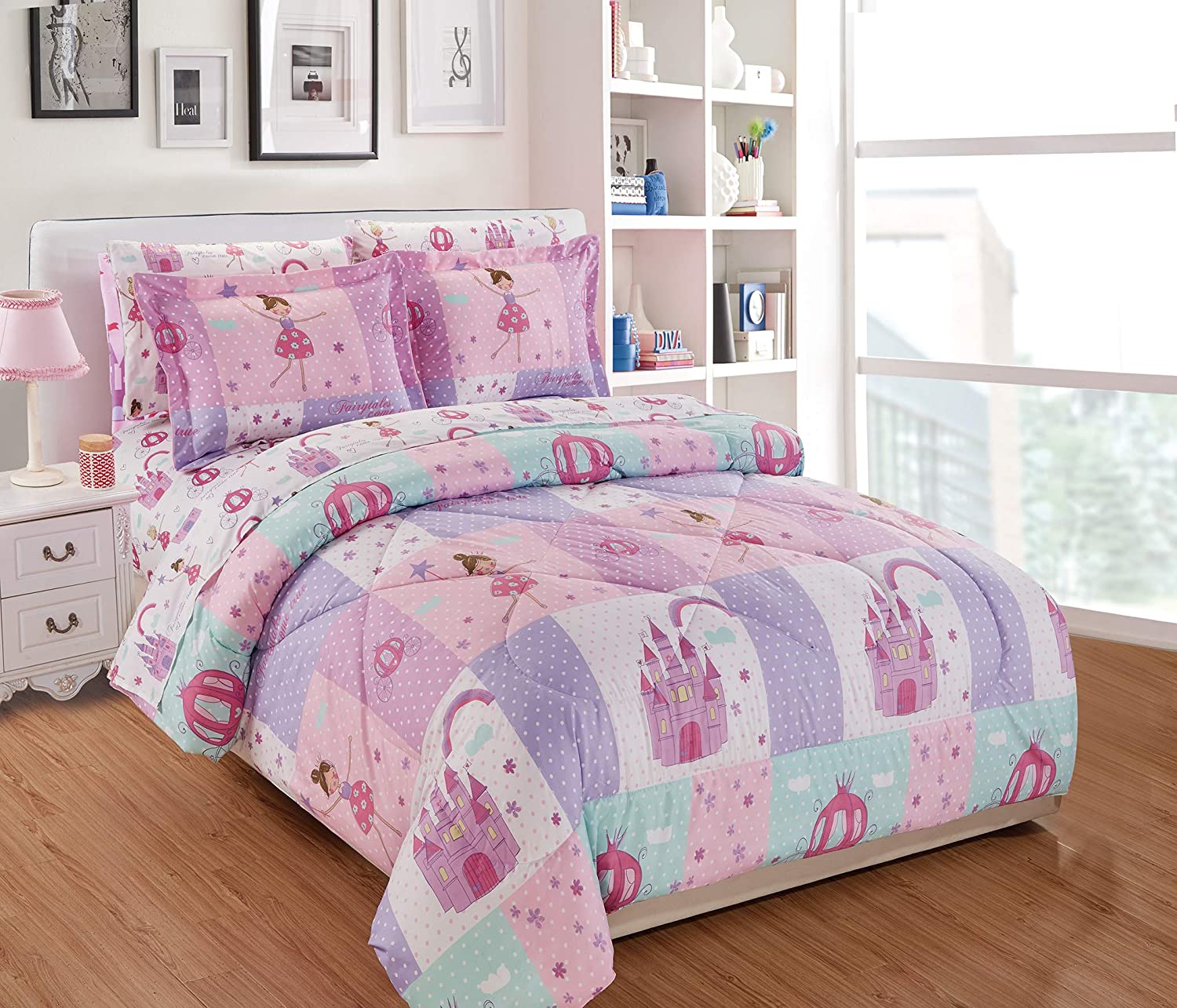 Price:$68.99 Home Full Size Comforter Set for Girls Princess Fairy Tales Castles Pink White Lavender New : Home & Kitchen