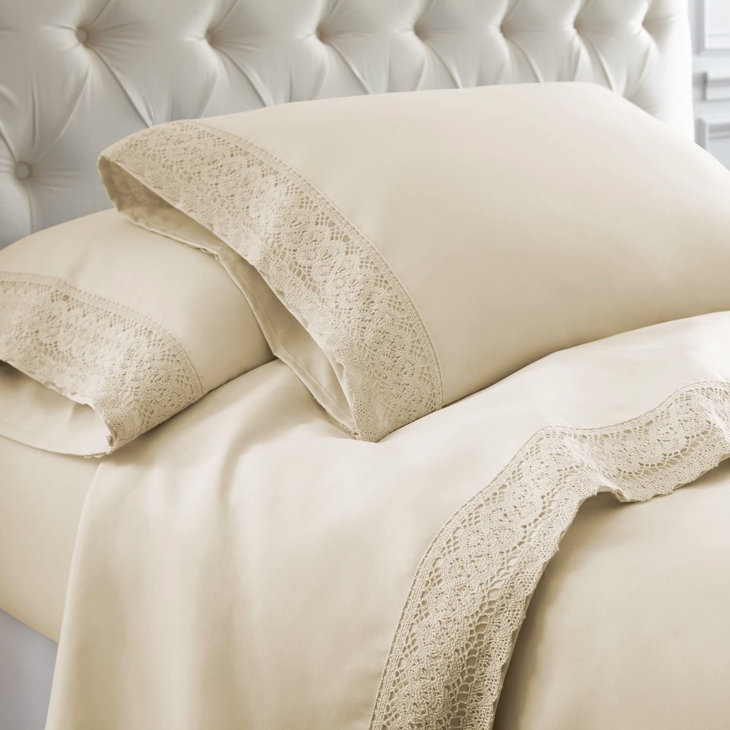 Price:$27.89 Overseas 4-Piece Crochet Lace Bed Sheet Set, King, Linen : Home & Kitchen