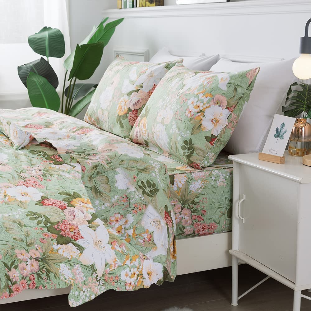 Price:$119.00 Girls Floral Bedding Duvet Cover Set Twin 100% Cotton Bedding 600 TC Mint Green and White Flower Elegant Garden Lily Printed Bed Sheet Soft Bedding 7 Pcs : Home & Kitchen
