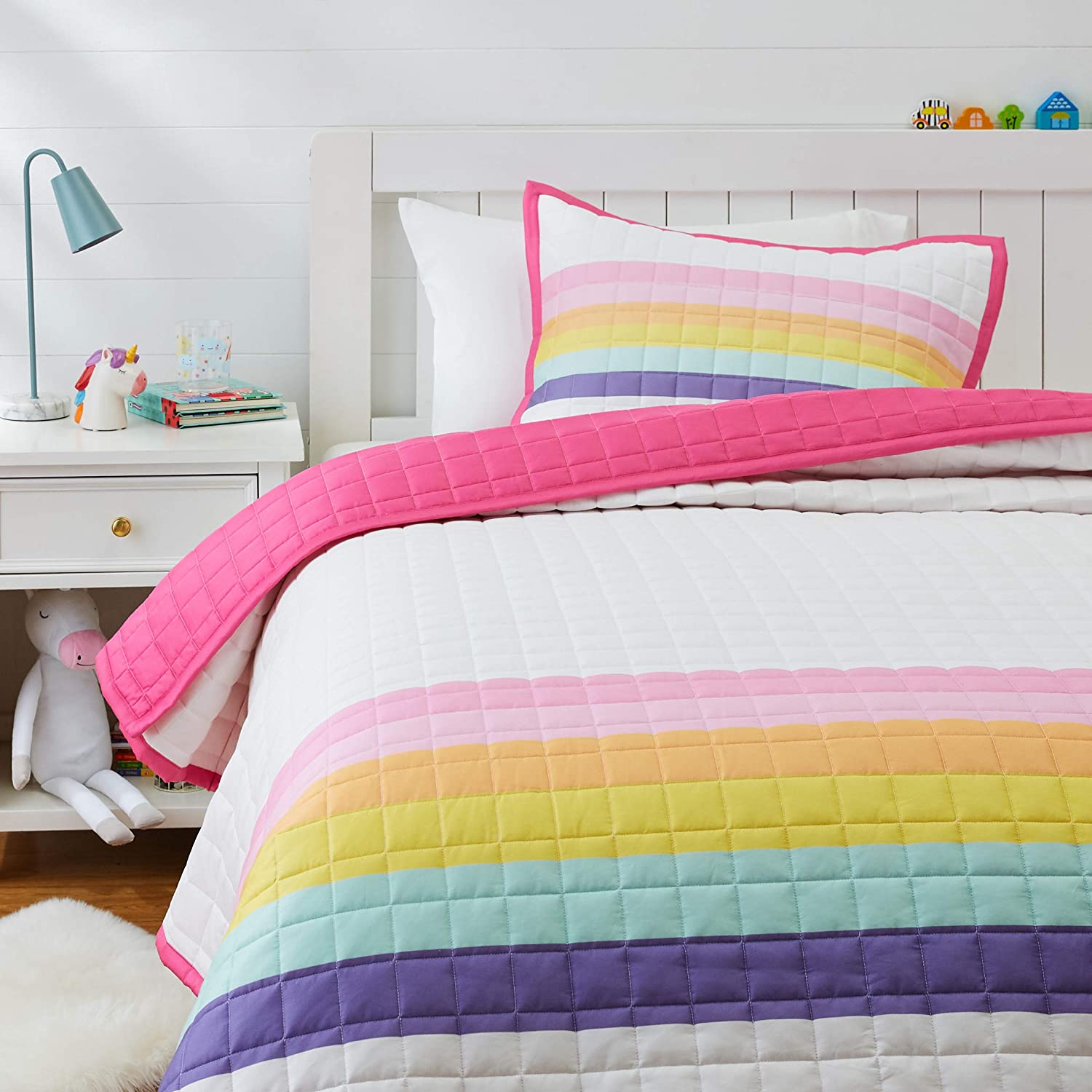 Price:$49.99 Basics Kids Rainbow Stripe Reversible Cotton Quilt Bedspread - Twin, Rainbow/ Magenta Pink : Home & Kitchen