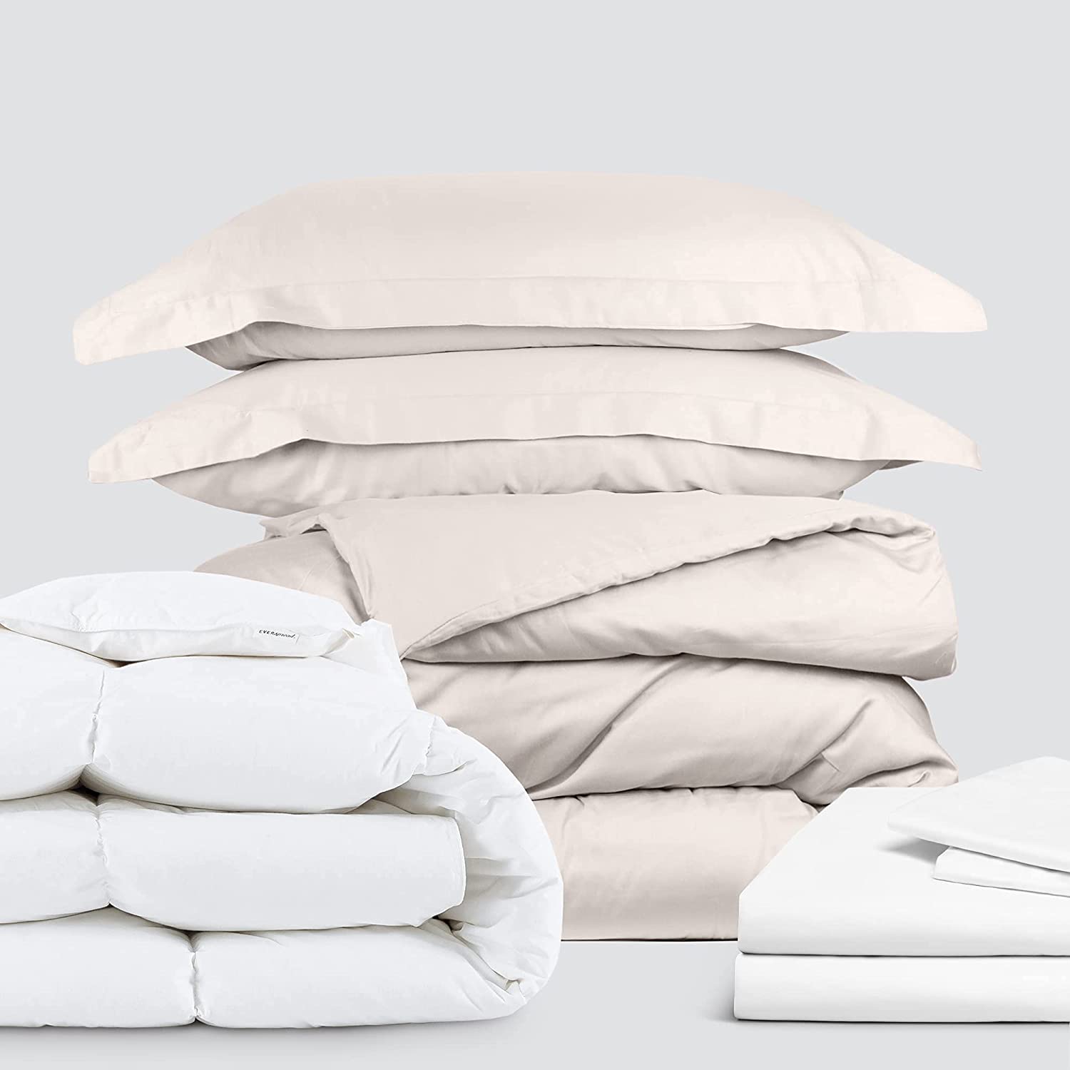 Price:$110.01 All Cotton Collection Bedding Bundle - 3 Piece Duvet Set (Queen, Beige) & 4 Piece Sheet Set (Queen, White) & Goose Down Comforter (Queen) : Home & Kitchen