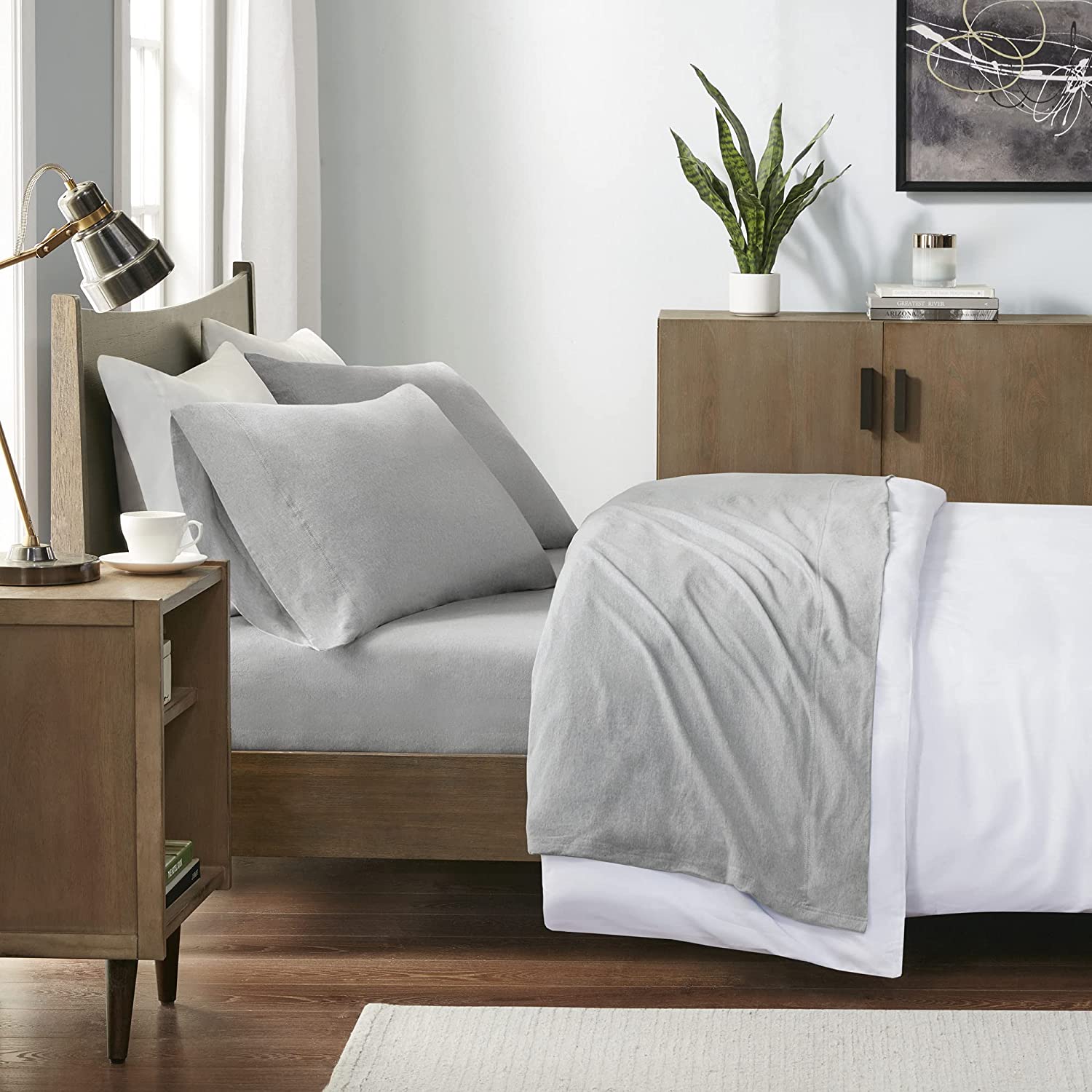 Price:$39.99 100% Cotton Jersey Knit Heathered Fabric Sheet 13"" Deep Pocket Modern All Season, Soft Bedding-Set, Matching Pillow Case, Twin, Grey (II20-078) : Home & Kitchen