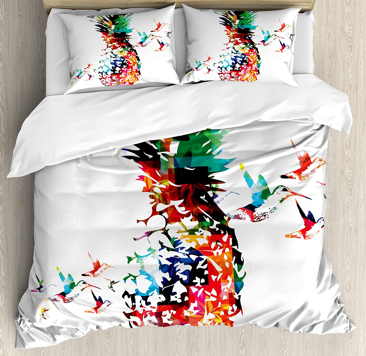 Price:$79.95 Pineapple Duvet Cover Set, Geometric Pineapple Bursting into Scattering Birds Flight Modern Abstract Print, Decorative 3 Piece Bedding Set with 2 Pillow Shams, Queen Size, Red White : Home & Kitchen