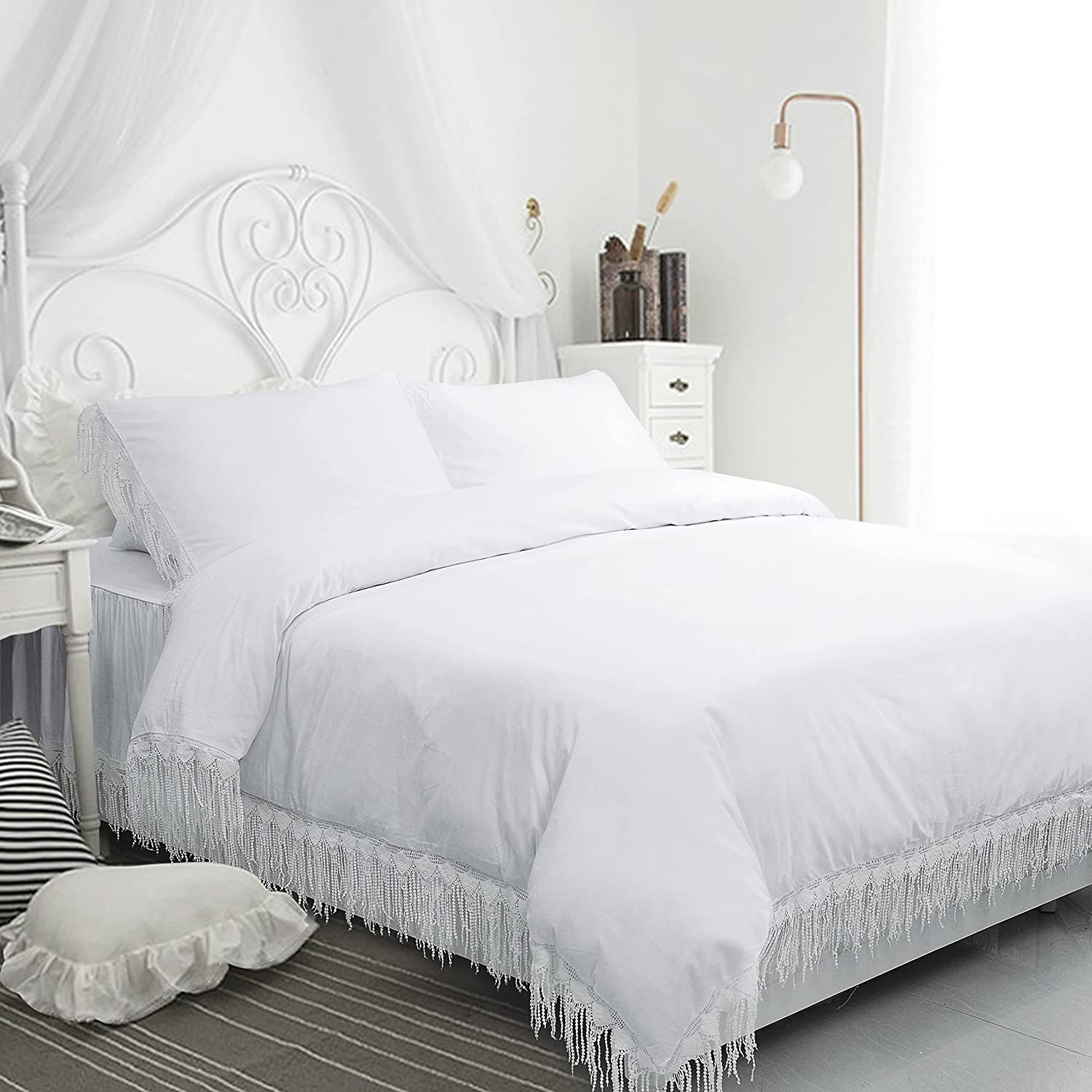 Price:$105.00 White Boho Bedding Sets 4 Pcs Twin Size 100% Cotton Soft Bedding Set Tassel Fringed Duvet Cover Set Long Drop 18in Bedskirt Romantic Girls Bedding for Bedroom : Home & Kitchen