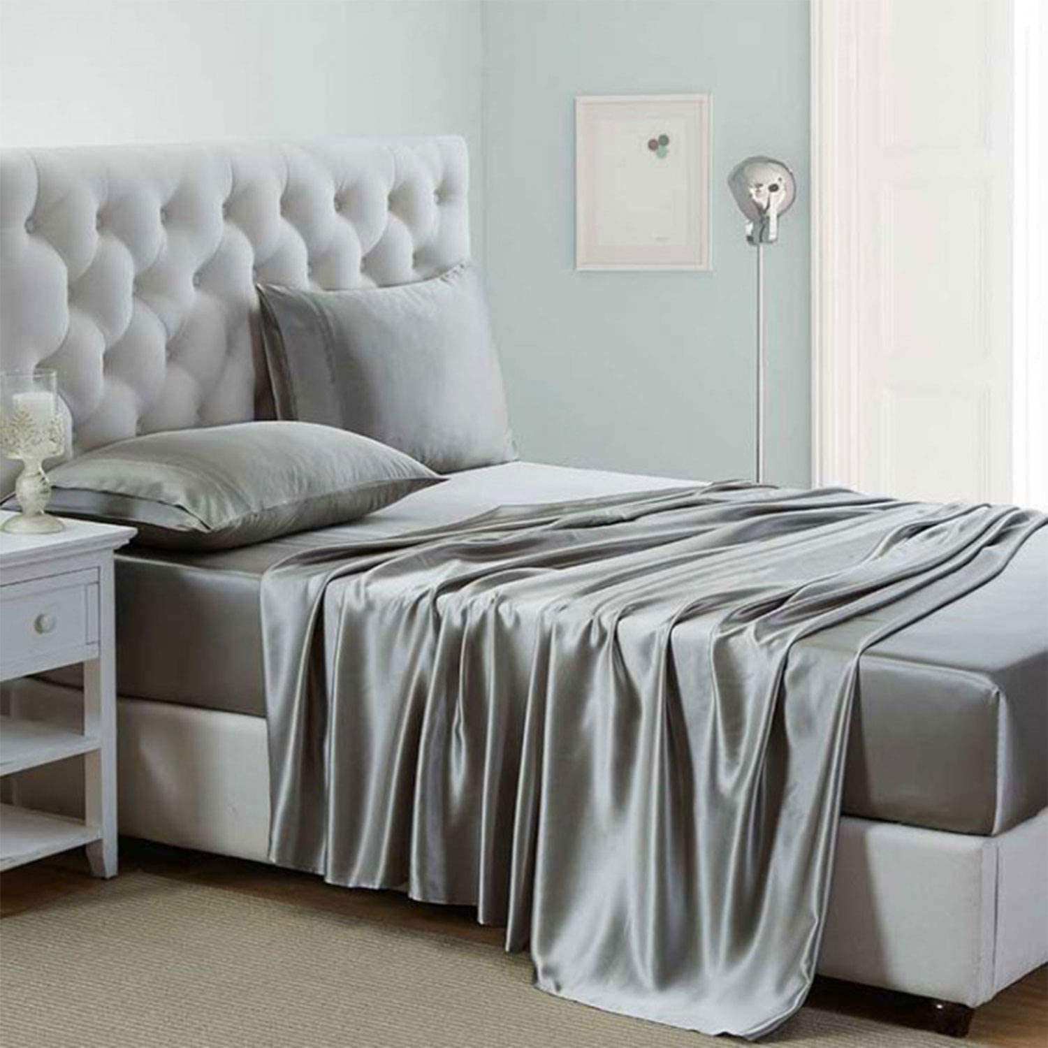 Price:$31.59 Housing Silk Satin Sheets, 4-Piece Queen Size Satin Bed Sheet Set with Deep Pockets, Cooling Soft and Hypoallergenic Satin Sheets Queen - Light Gray : Home & Kitchen