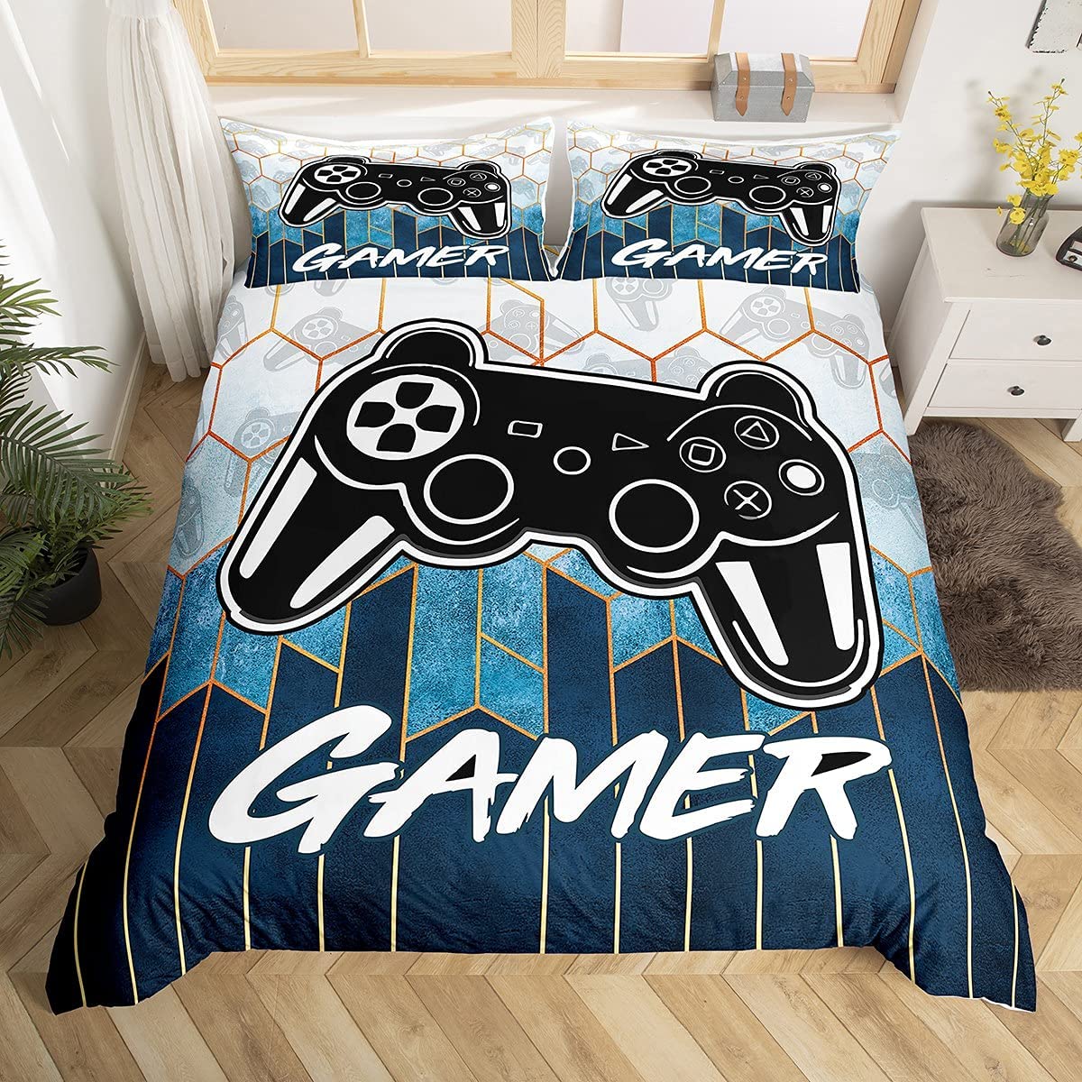 Price:$40.99 Gamer Duvet Cover Video Game Gamepad Bedding Set for Kids Boys Girls Geometric Comforter Cover Gaming Bedspread Cover 1 Duvet Cover with 2 Pillowcases Queen Teal : Home & Kitchen