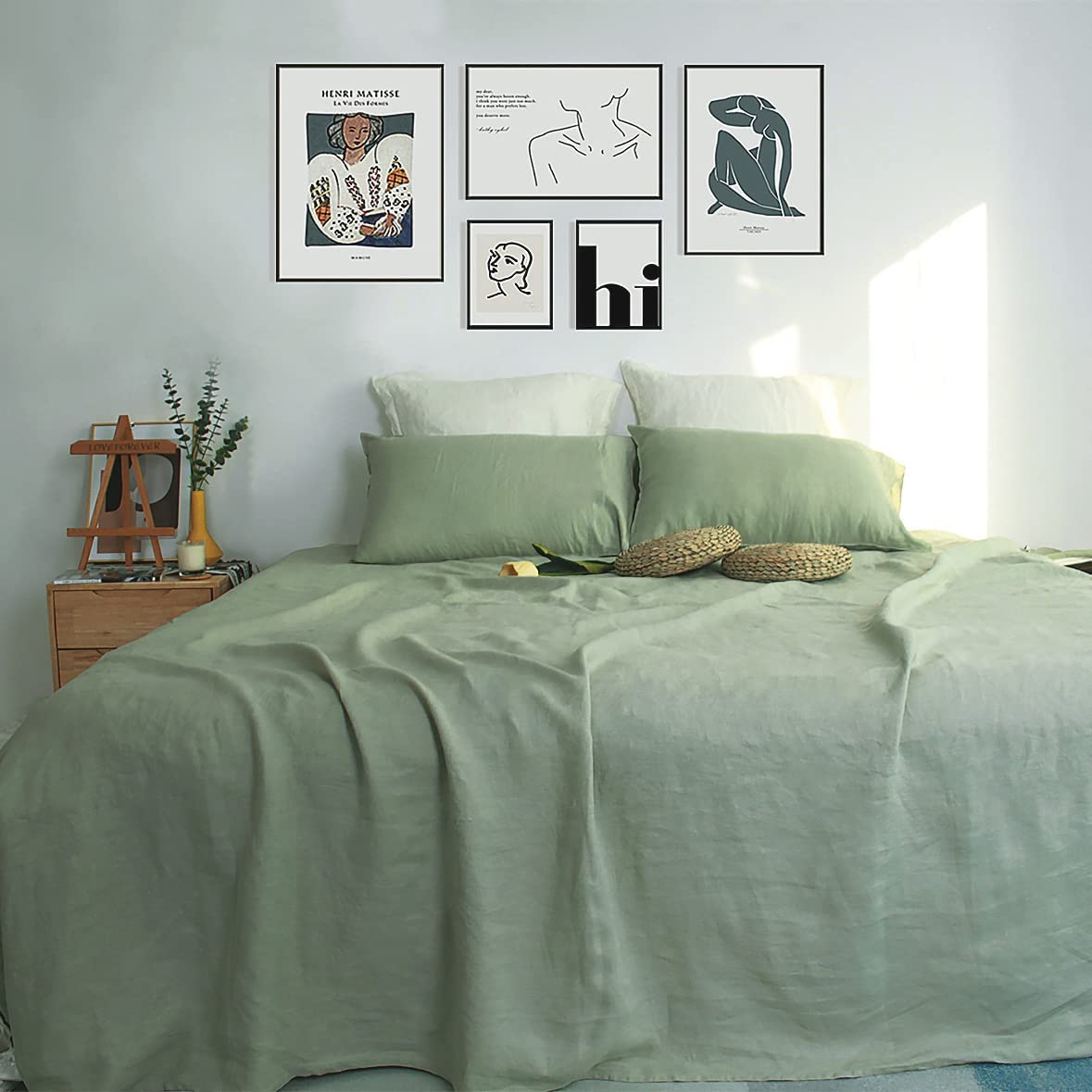 Price:$139.99 VICTORY SYMBOL 100% French Natural Linen Bedding Ultra Soft Durable Luxurious Stone Washed 4 Pieces Sheets Set(Light Green,Queen) : Home & Kitchen