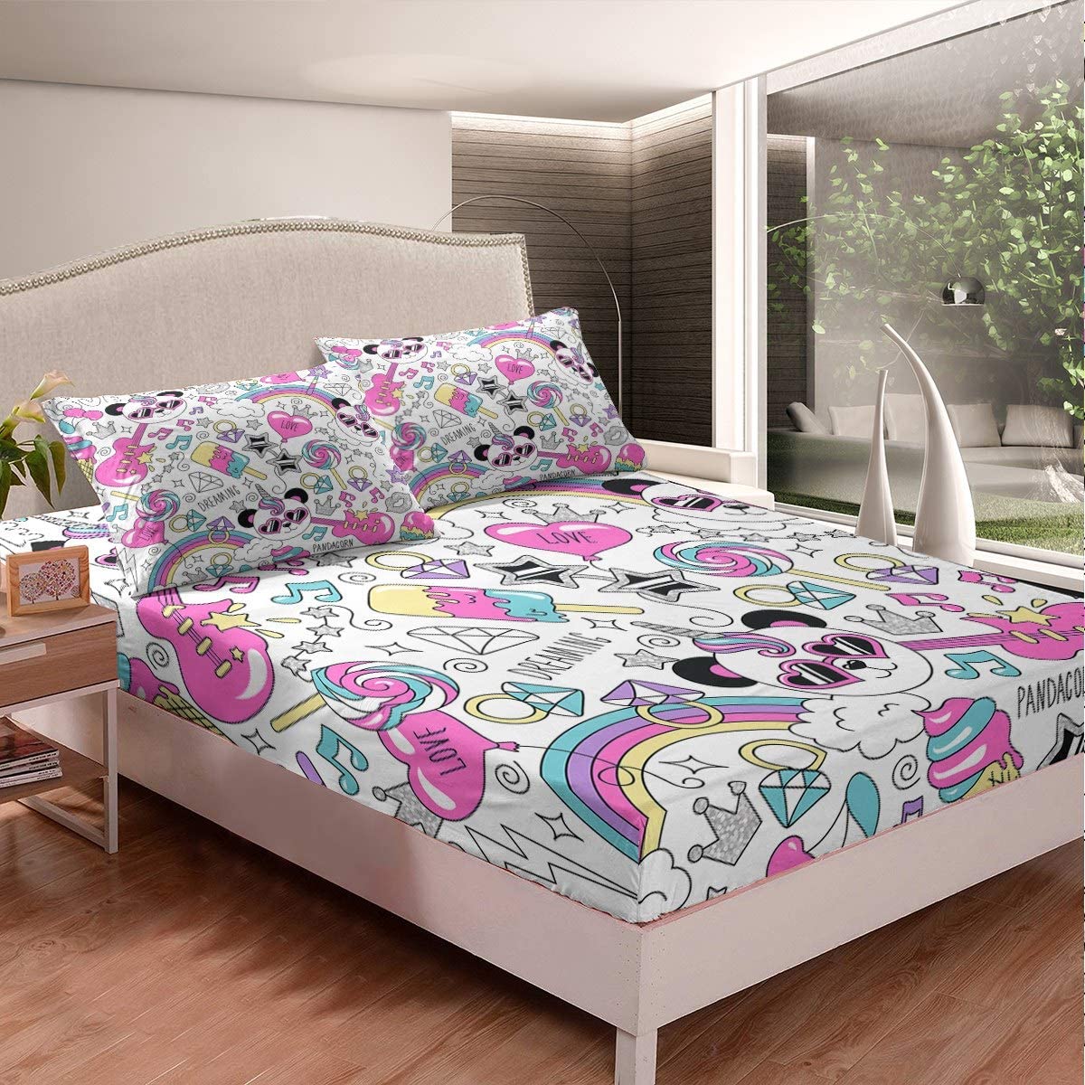 Price:$39.99 Unicorn Bedding Set Cute Cartoon Panda Bed Sheet Set for Girls Child Ice Cream Lollipop Pandacorn Duvet Cover Rainbow Pattern Bed Cover Bedroom Decor 3Pcs Sheets Full Size : Home & Kitchen