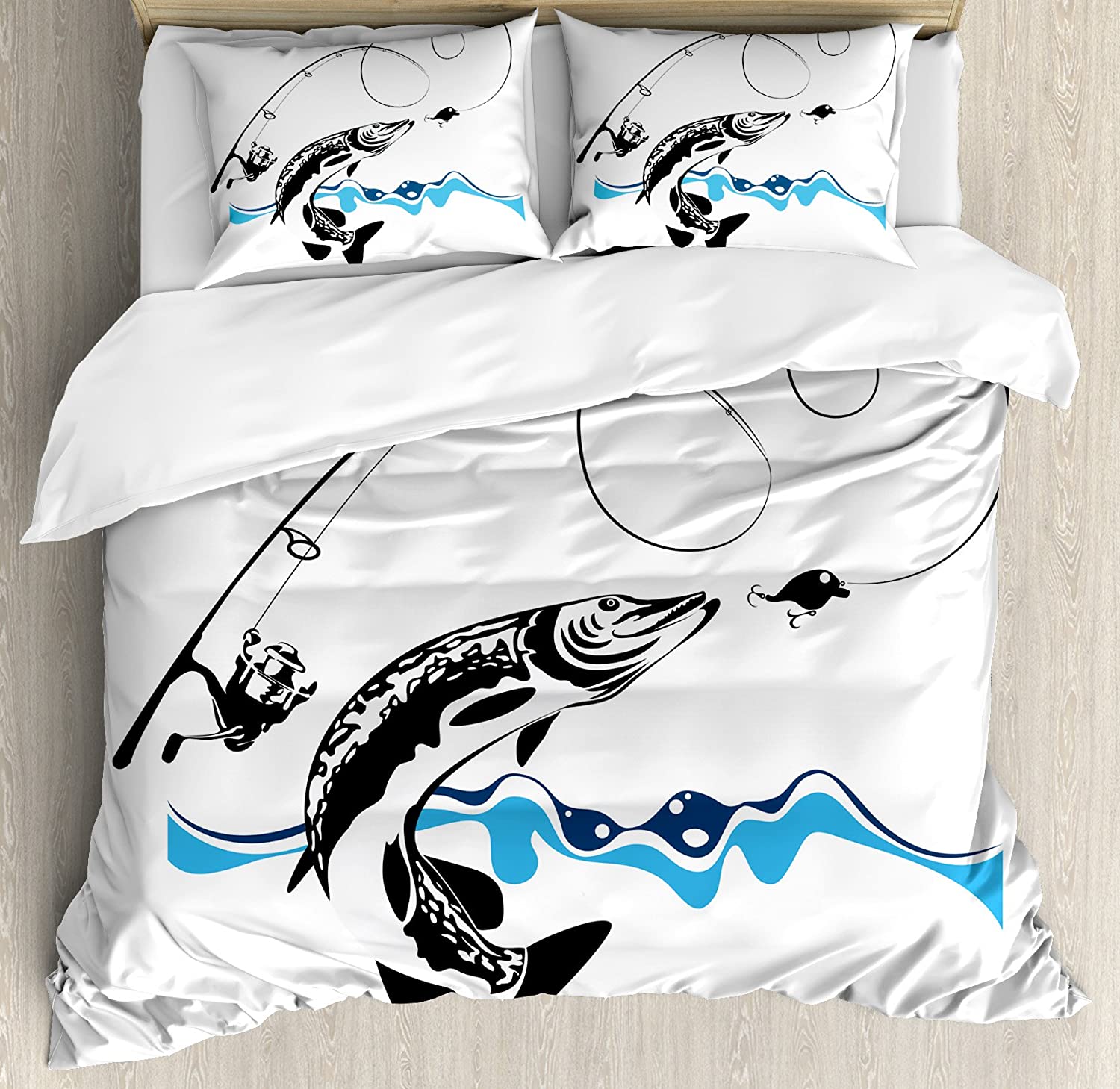 Price:$79.95 Fishing Duvet Cover Set, Big Pike Fish Catching Wobblers Reel Trap in River Raptorial Predator Hunting Print, Decorative 3 Piece Bedding Set with 2 Pillow Shams, Queen Size, Black Blue : Home & Kitchen
