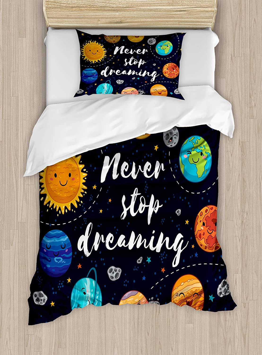 Price:$59.95 Saying Duvet Cover Set, Outer Space Planets Star Cluster Solar System Moon Comets Sun Cosmos Illustration, Decorative 2 Piece Bedding Set with 1 Pillow Sham, Twin Size, Navy Orange : Home & Kitchen