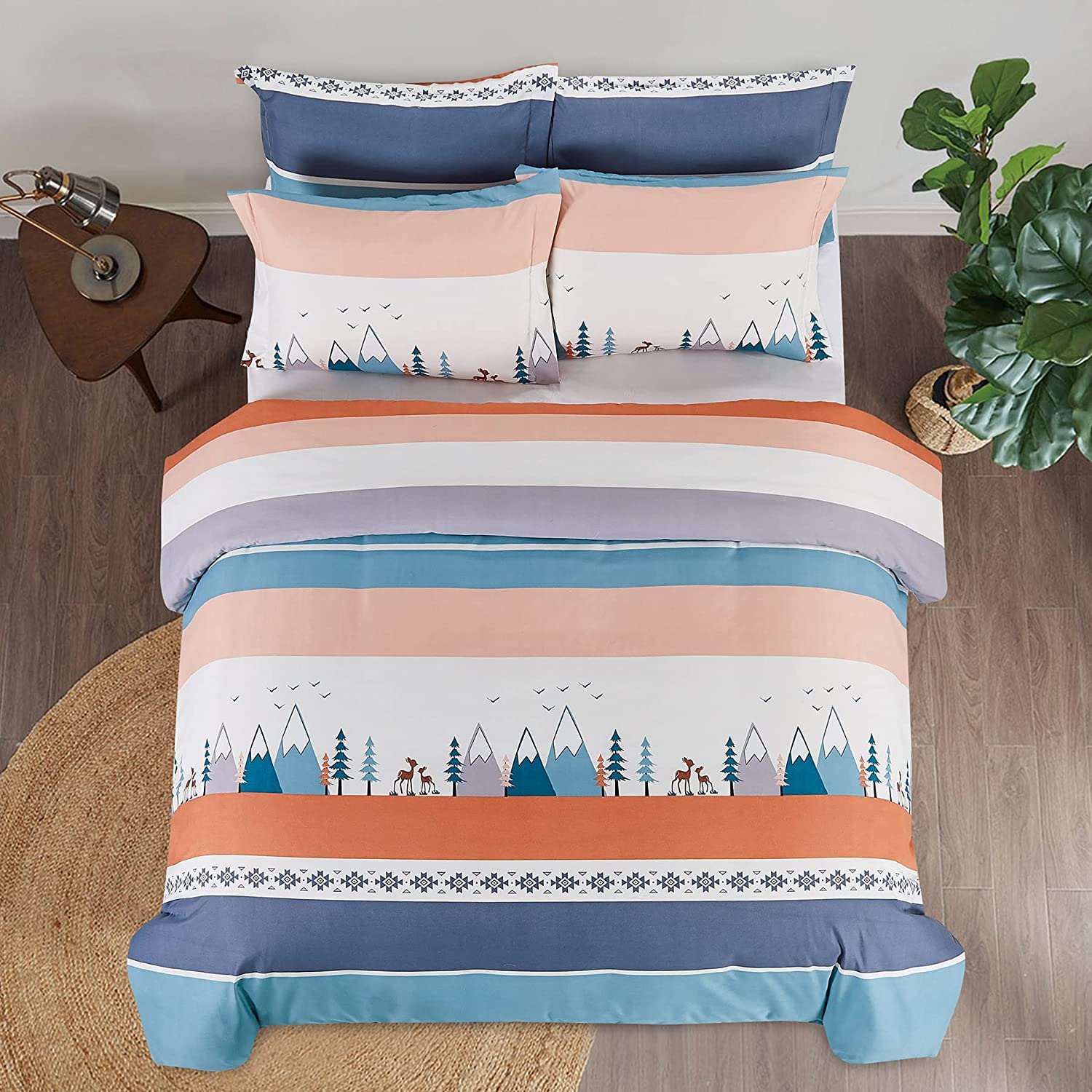 Price:$21.99 Duvet Cover Set,Deer and Mountain Pattern Bedding Printed Comforter Cover Quilt Cover Set,Queen White Blue and Grey : Home & Kitchen