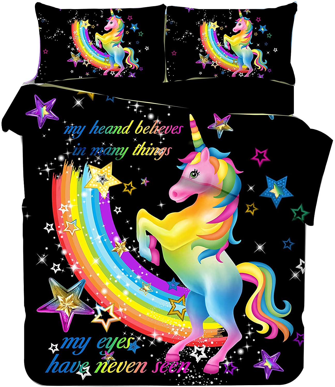 Price:$59.00 Unicorn Bedding with Sparkling Stars Black Purple Full Size for Girls Duvet Cover Set (Fitted Sheet Included) : Home & Kitchen