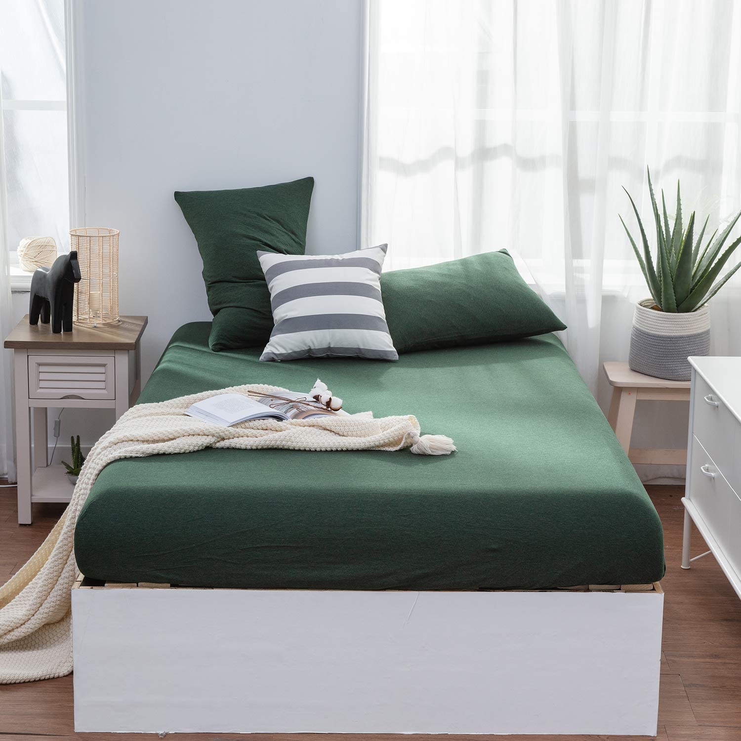 Price:$45.00 Extra Deep Pocket Sheets - 100% Jersey Cotton Fitted Sheet Set - 3 Pieces Queen Size Fitted Sheet and Pillowcases - Shrinkage & Fade Resistant (Queen, Dark Green) : Home & Kitchen