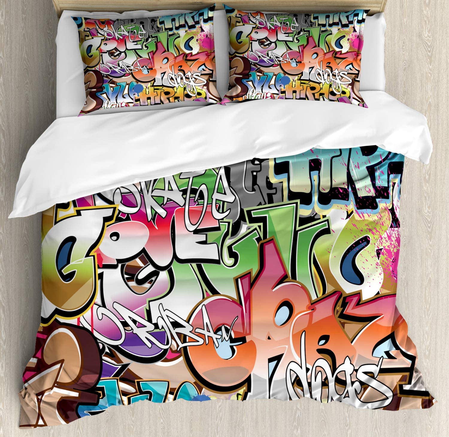 Price:$79.95 Urban Graffiti Duvet Cover Set, Blockbuster Style Graffiti Sprayed Overlapping Blocky Letters Street Art, Decorative 3 Piece Bedding Set with 2 Pillow Shams, Queen Size, Green Coral : Home & Kitchen