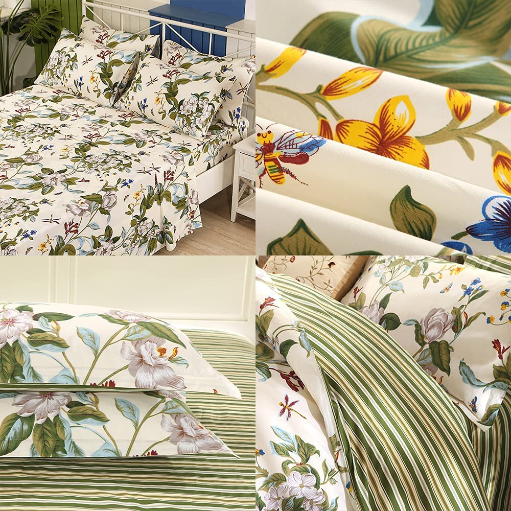 Price:$129.00 Floral Duvet Cover Set 100% Cotton Green Beige Striped Shabby Flower Bedding Deep Pocket Sheet Set 7 Pcs Twin : Home & Kitchen