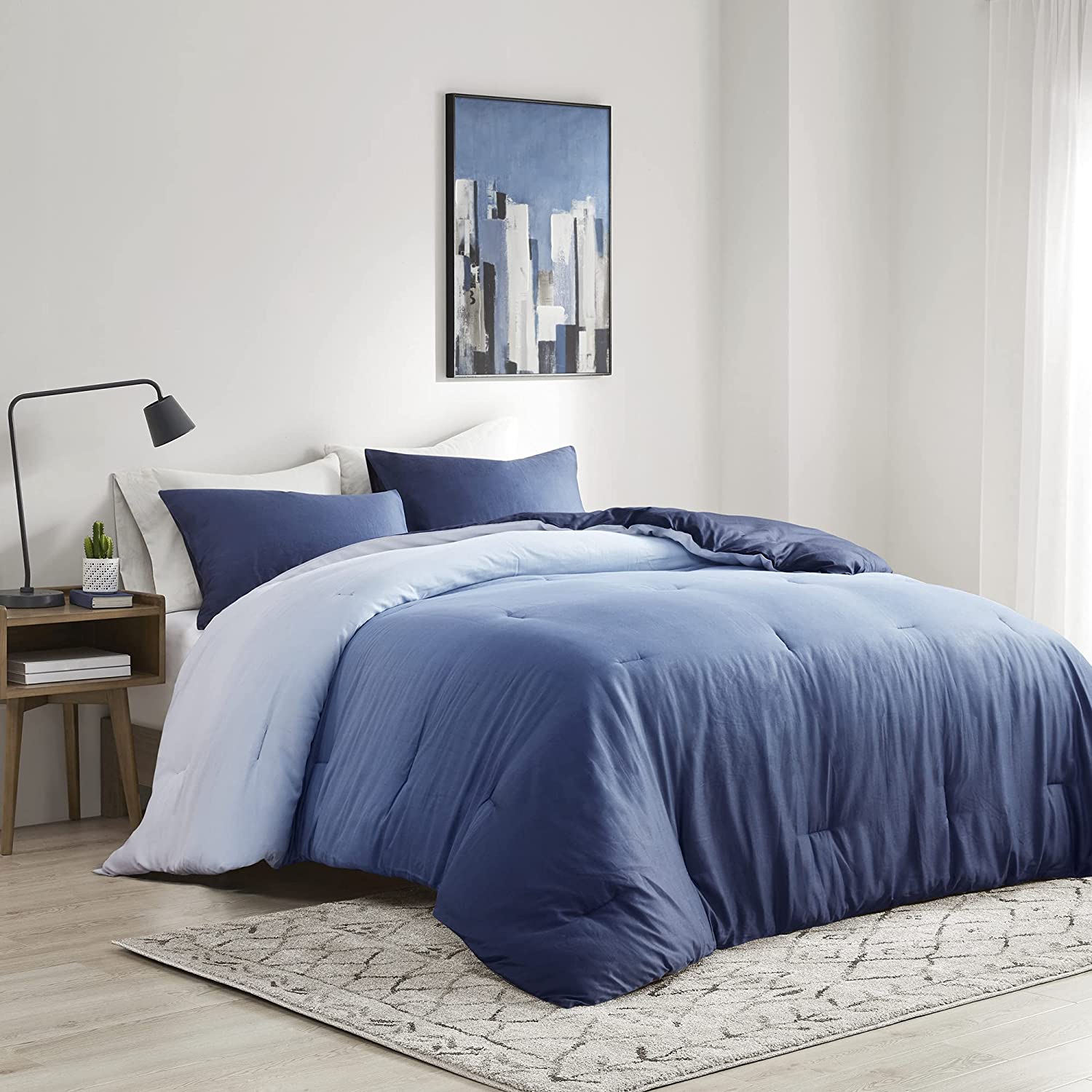 Price:$57.50 Park Cotton Comforter Set, Breathable Sateen Cover All Season, Hypoallergenic, Down Alternative Cozy Bedding with Matching Shams, Full/Queen(90"x90"), Mist, Ombre Indigo 3 Piece : Home & Kitchen