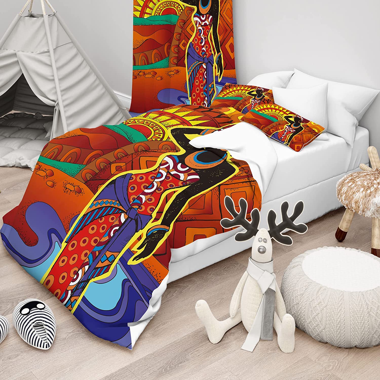 Price:$56.99 African American Woman Duvet Cover Set Queen Size Winndow Curtains Girls, Black Girl Ethnic Afro Tribal Desert 3 Piece Bedding Set Colorful Folk Female Ancient Comforter Set 2 Panel Drapes. : Home & Kitchen