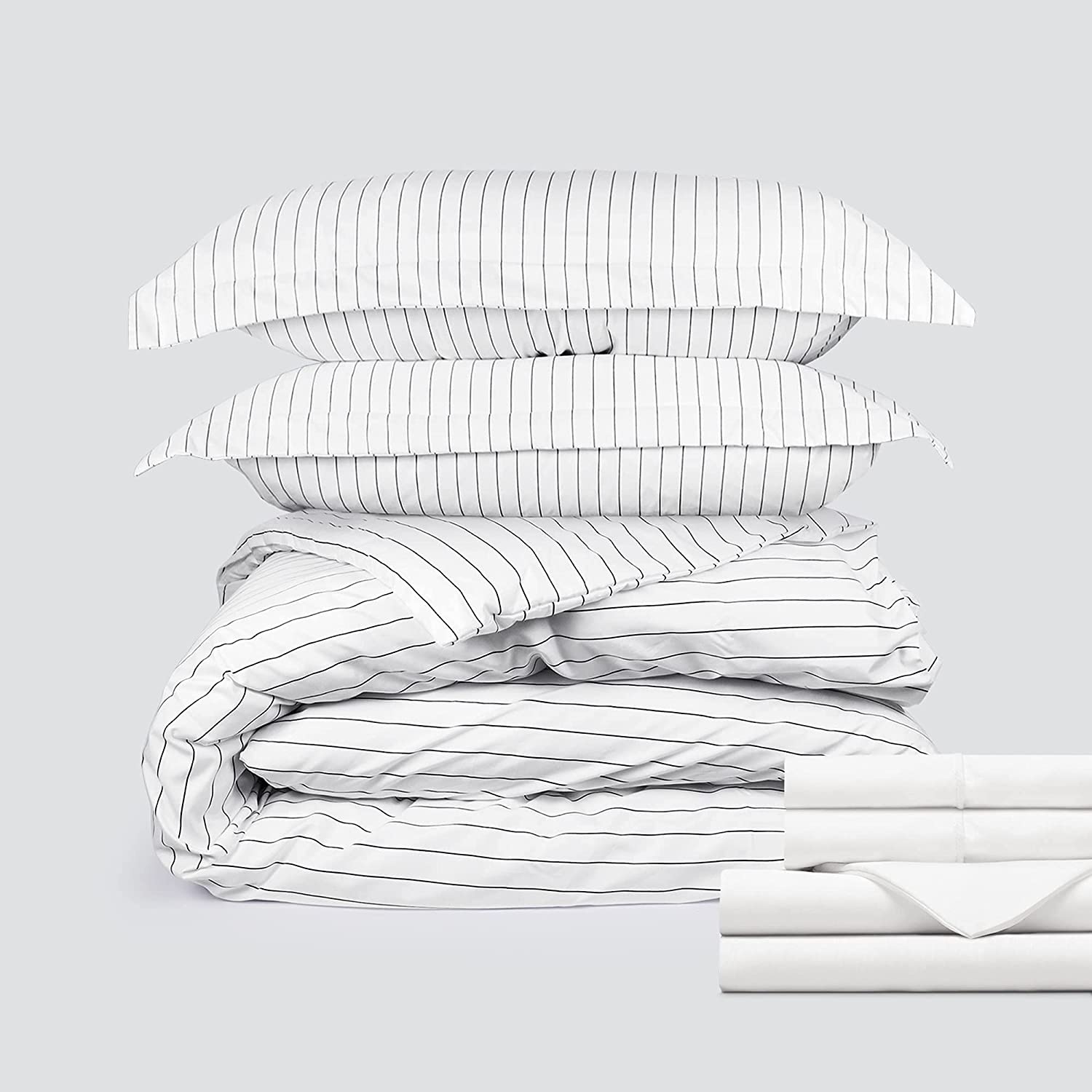 Price:$37.75 Classic Microfiber Bedding Bundle - 4 Piece Sheet Set (King, White) & 3 Piece Microfiber Duvet Set (King, Pinstripe - Black) : Home & Kitchen