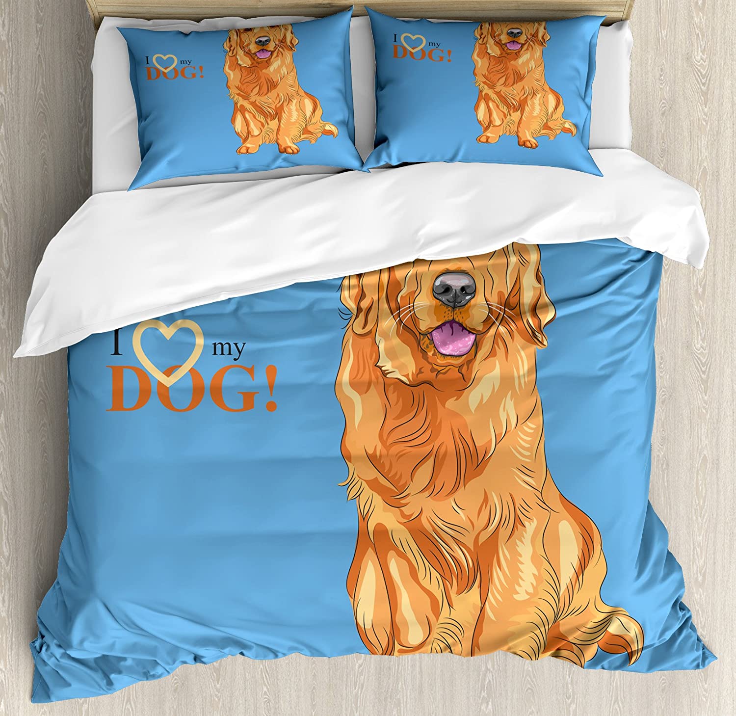 Price:$39.97 Golden Retriever Duvet Cover Set, Smiling Dog Cartoon Style I Heart My Pet Theme for Animal Lovers, Decorative 3 Piece Bedding Set with 2 Pillow Shams, Queen Size, Blue and Orange : Home & Kitchen