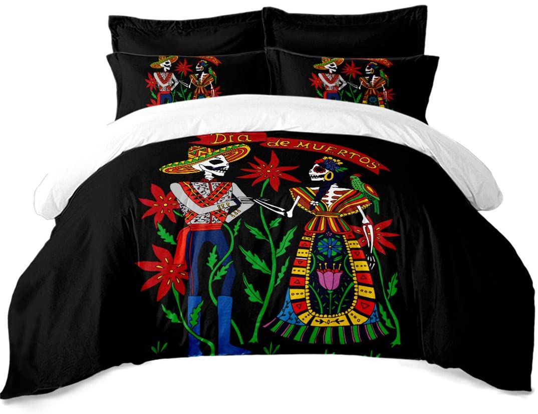 Price:$52.99 Duvet Cover Full Size,Sugar Skull Quilt Cover Set,Ethnic Mexican Printed 3 Pieces Black Bedding Set : Everything Else