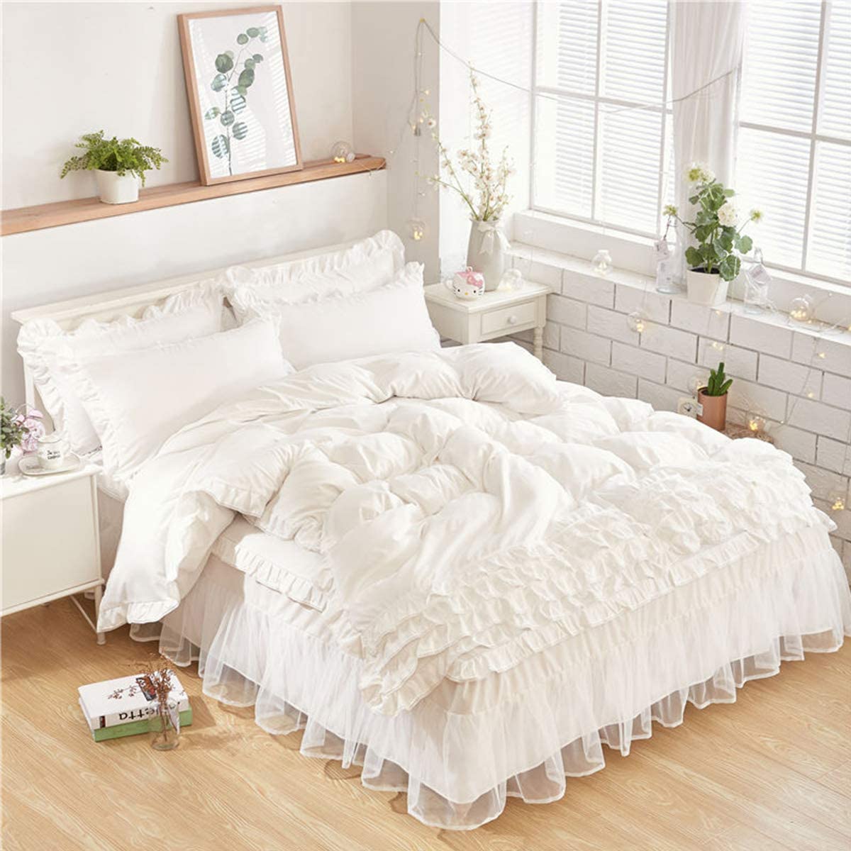 Price:$34.99 Ruffle Bedding Sets 4-Piece Twin Size Ruffle Duvet Cover Sets White Romantic Bed Cover Set with Tulle (1 Duvet Cover/1 Bedskirt/2 Pillowcases) : Home & Kitchen