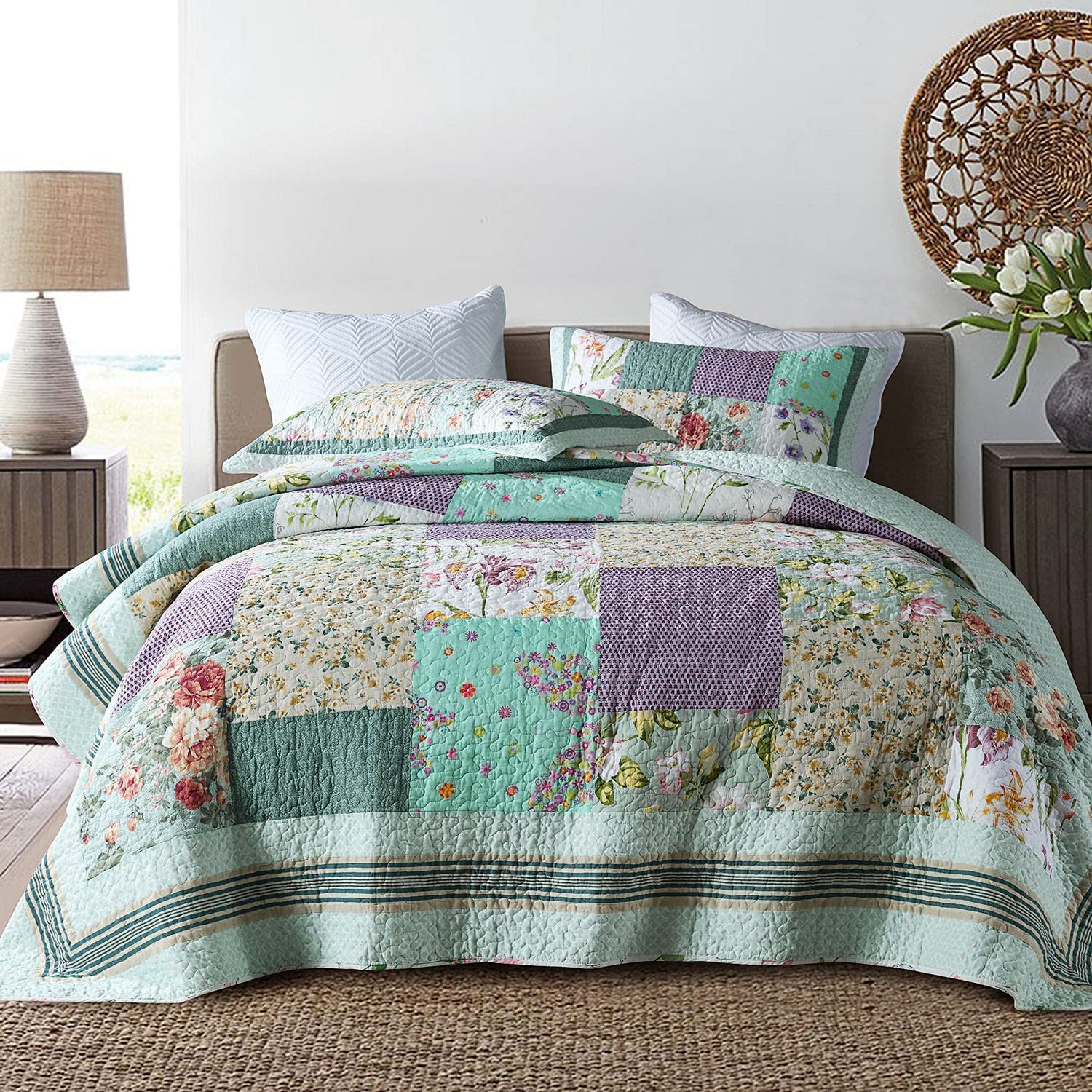 Price:$85.99 Patchwork Quilt Cover Sets, 100% Cotton Quilted Bedspread Bedding Sets with Pillowcases 3 Pieces Queen/King (Patchwork, King) : Home & Kitchen